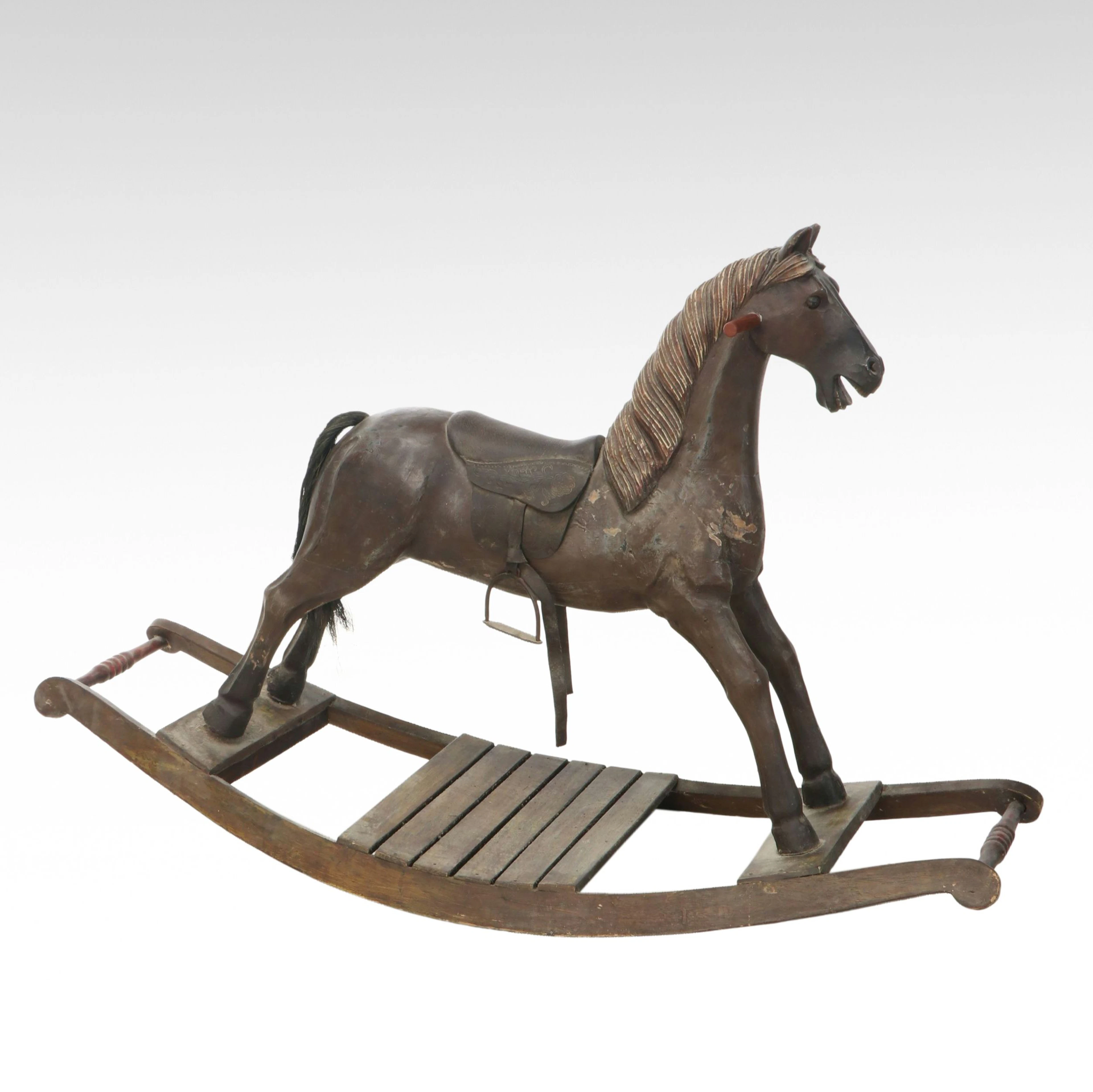 Primitive Wooden Rocking Horse with Leather Saddle, Late 19th Century