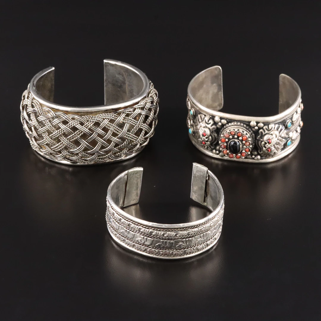 Elephant, Basketweave & Tibetan Style Bracelets Featuring Black Onyx and Coral