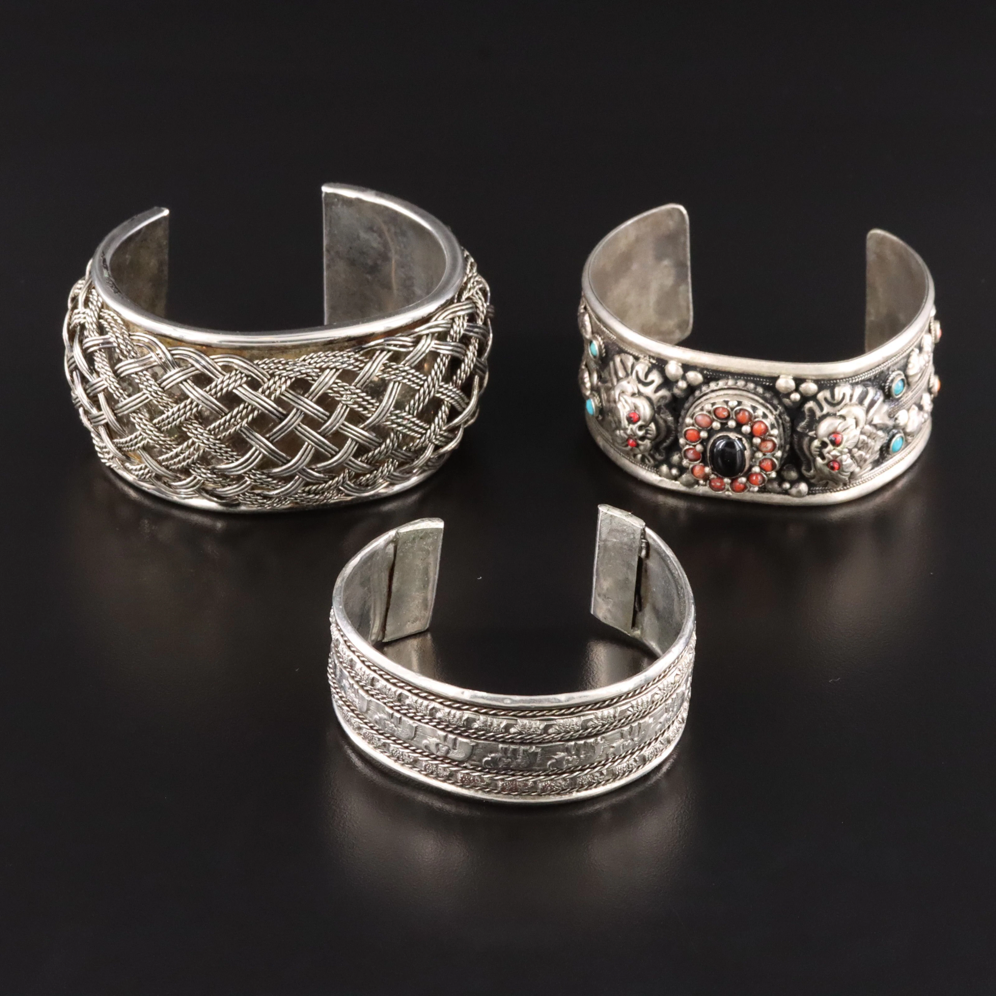 Elephant, Basketweave & Tibetan Style Bracelets Featuring Black Onyx and Coral