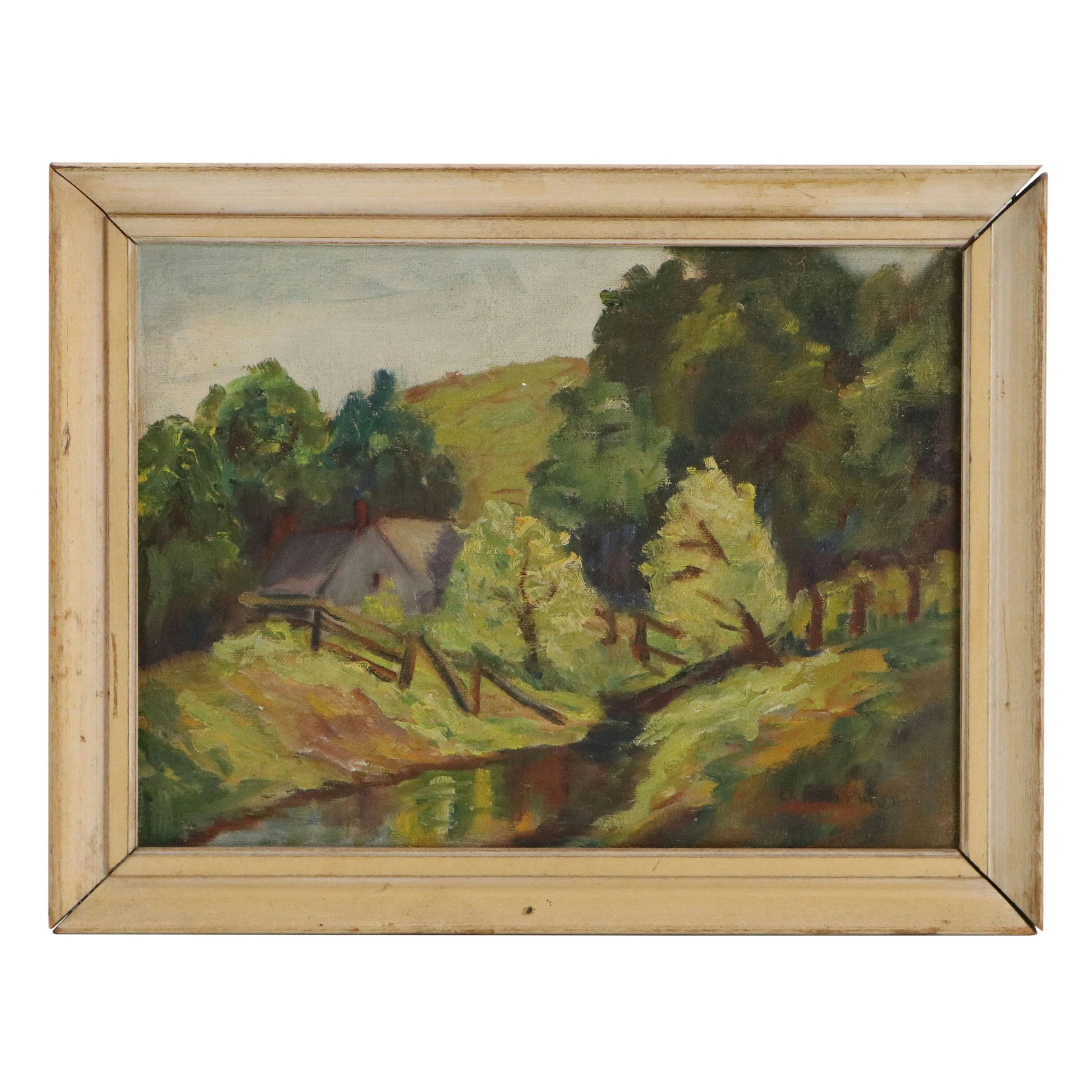 Impressionistic Oil Painting of Rural Landscape, Early 20th Century