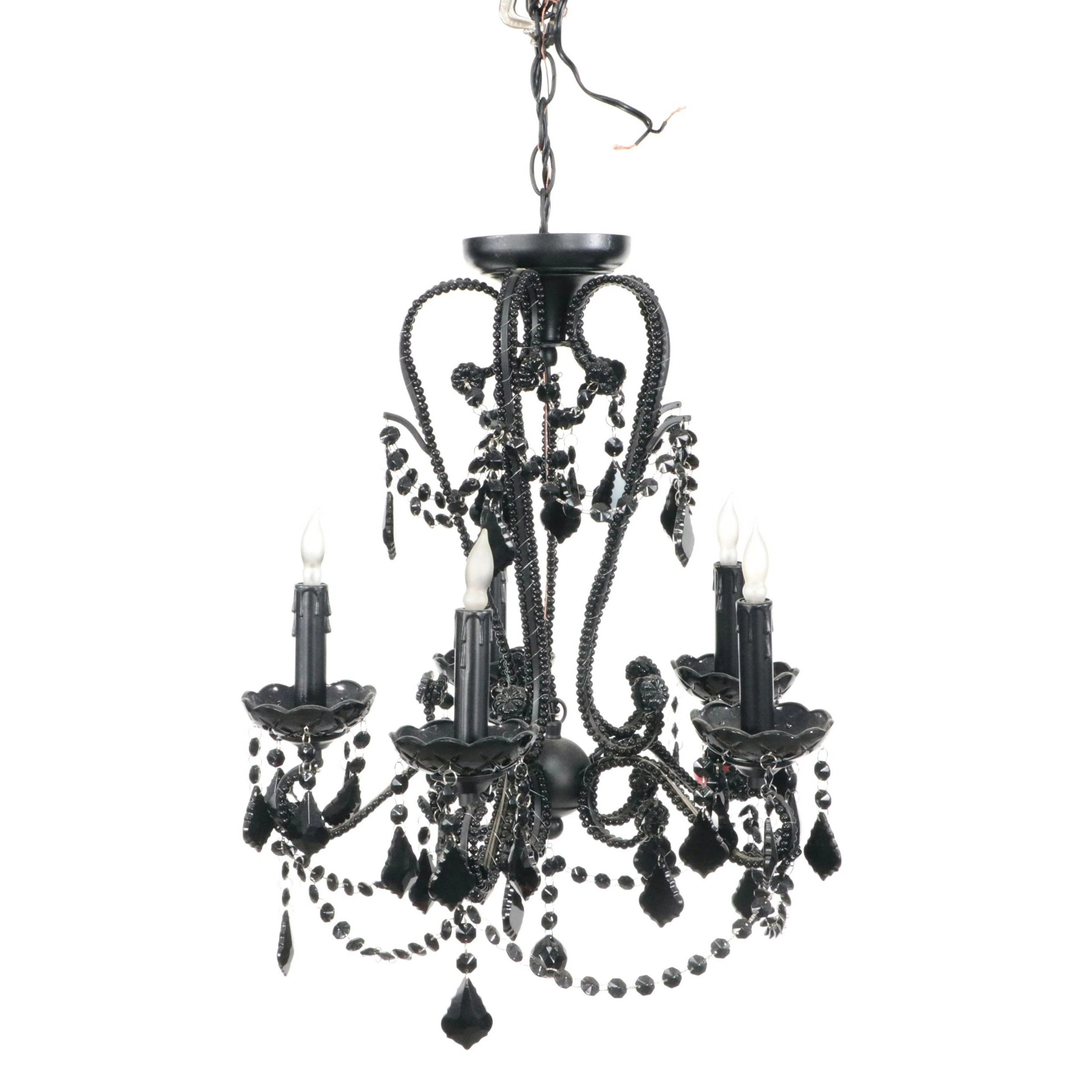 Gothic Revival Black Glass and Metal Chandelier with Black Beadwork