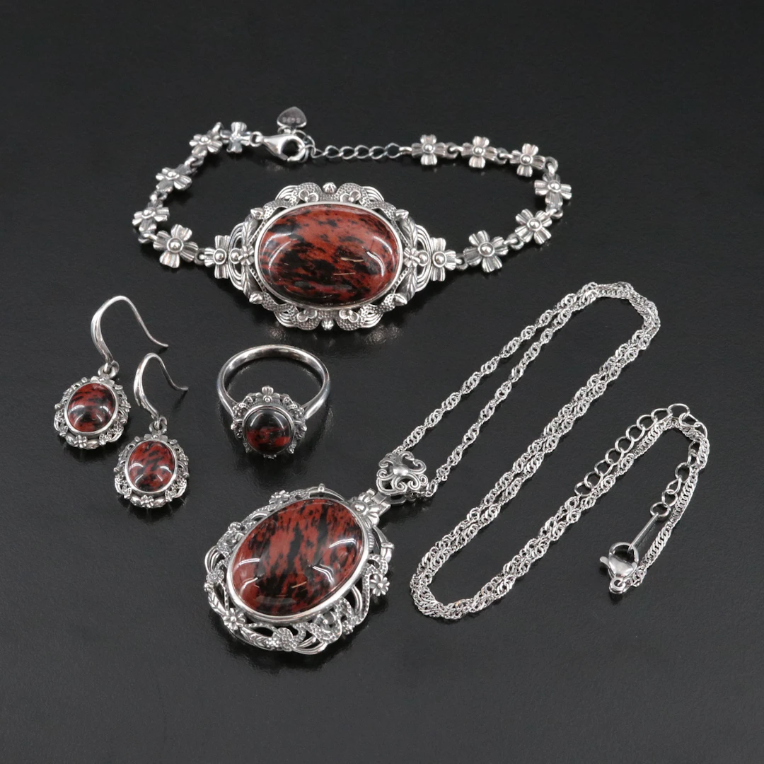 Sterling Mahogany Jasper Ornate Necklace, Bracelet, Earrings, and Ring