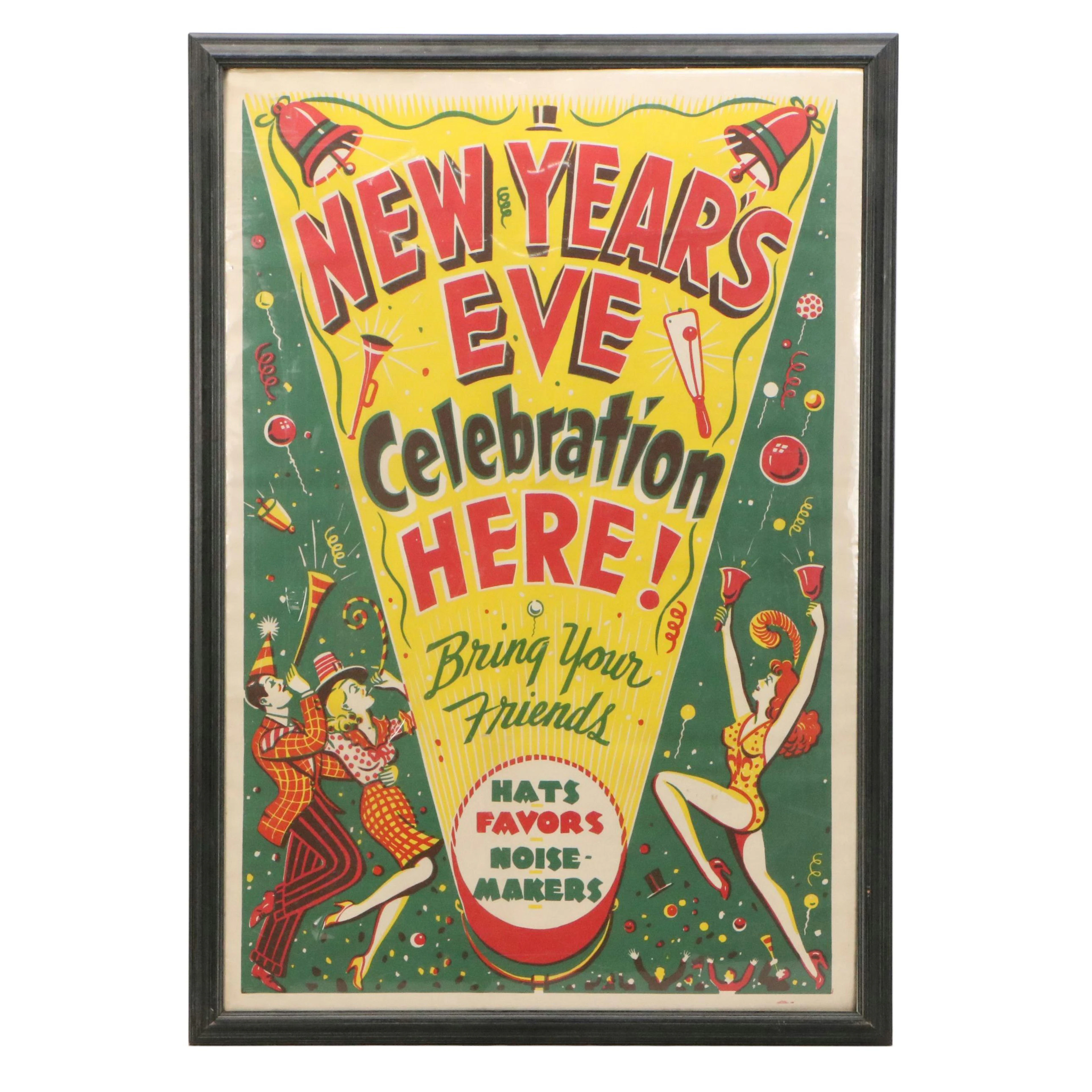Color Lithograph Poster "New Years Eve Celebration Here!," Mid-20th Century