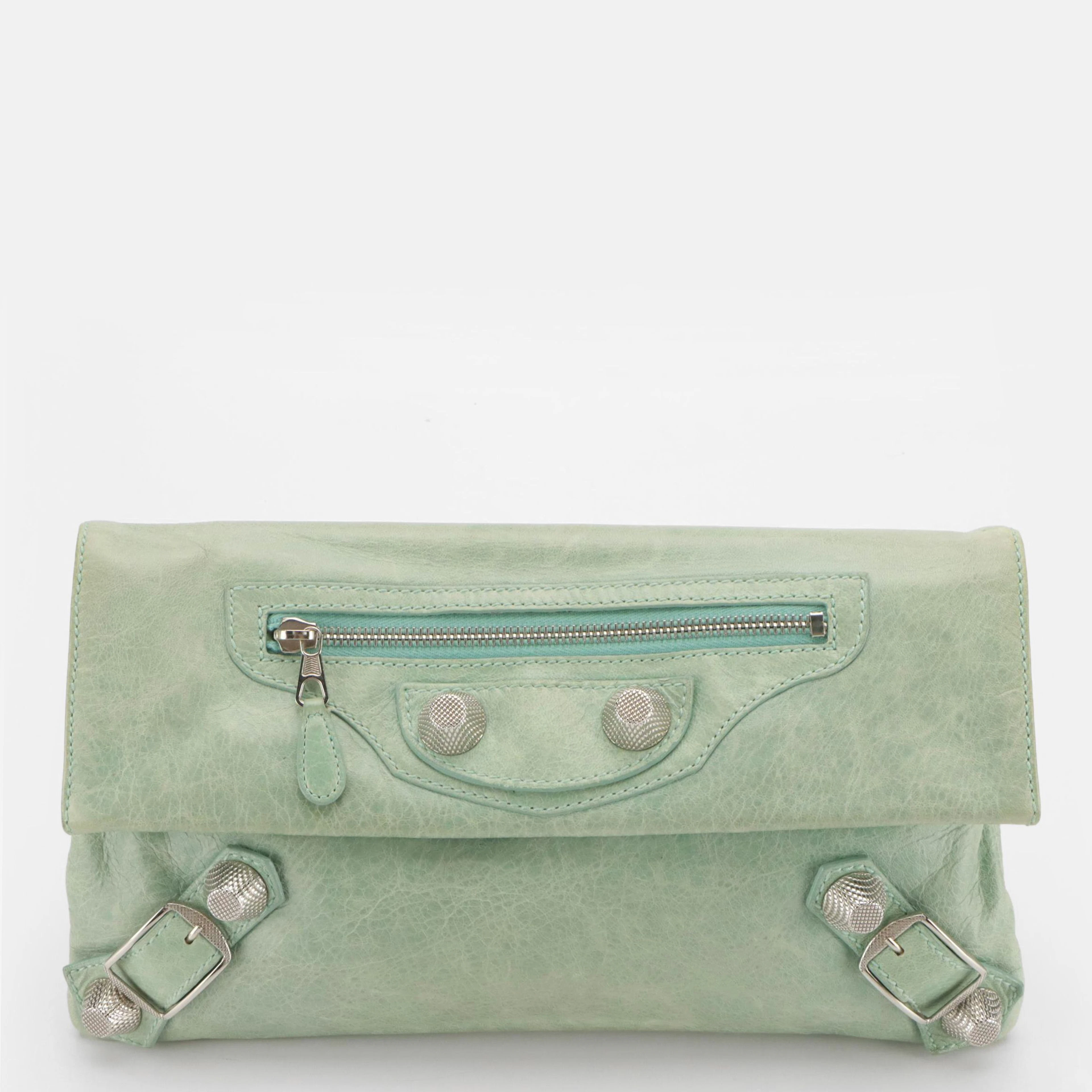 Balenciaga Motocross Envelope Clutch in Mint Green Distressed Lambskin Leather