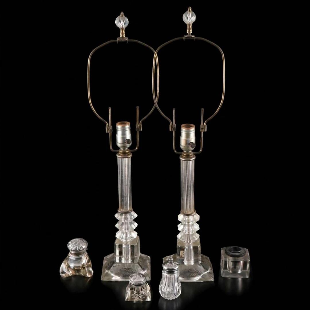 Brilliant Glass and Sterling Lidded Mucilage with Inkwells, Pair of Glass Lamps