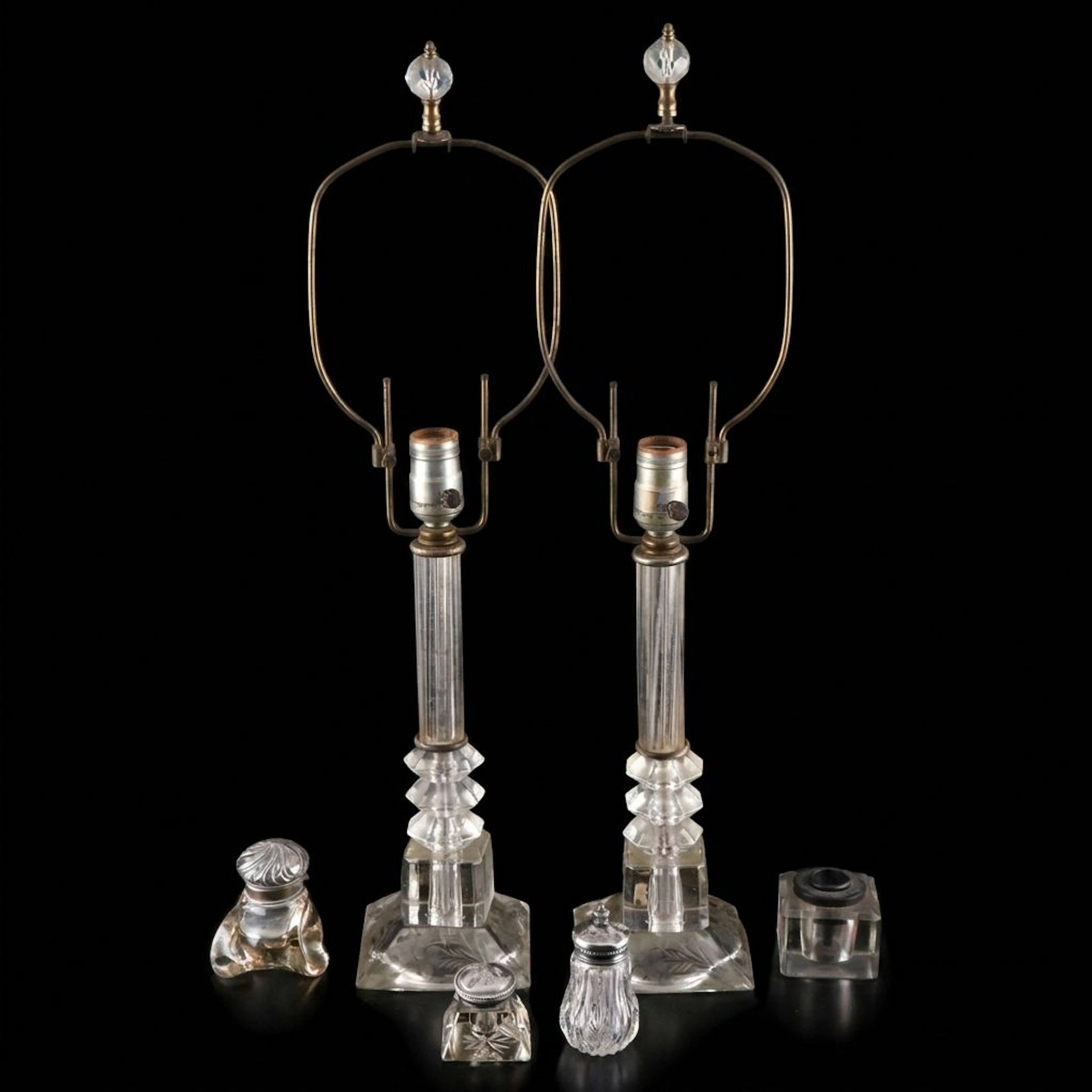 Brilliant Glass and Sterling Lidded Mucilage with Inkwells, Pair of Glass Lamps