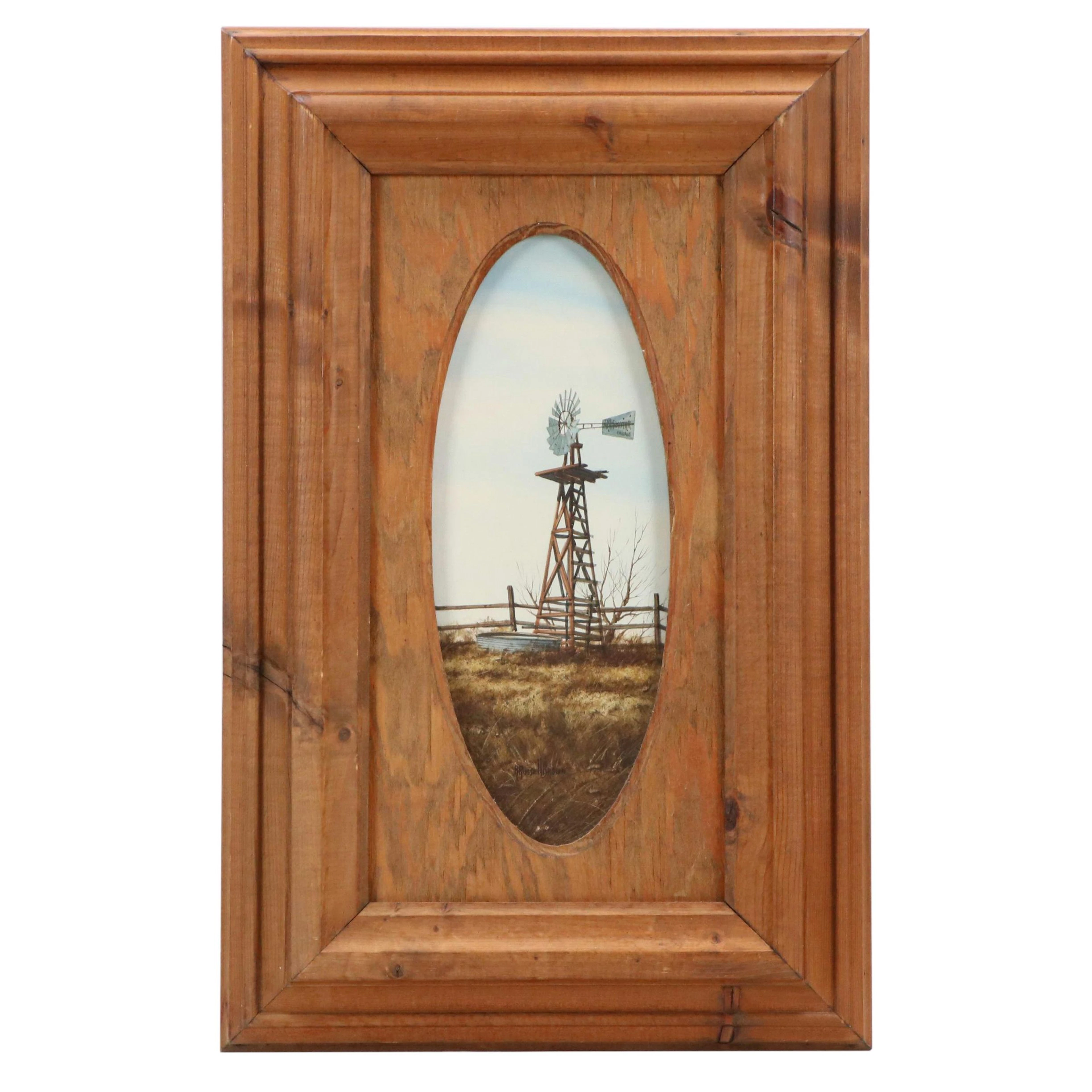 R. Russell Brown Landscape Watercolor Painting of Windmill in Pasture