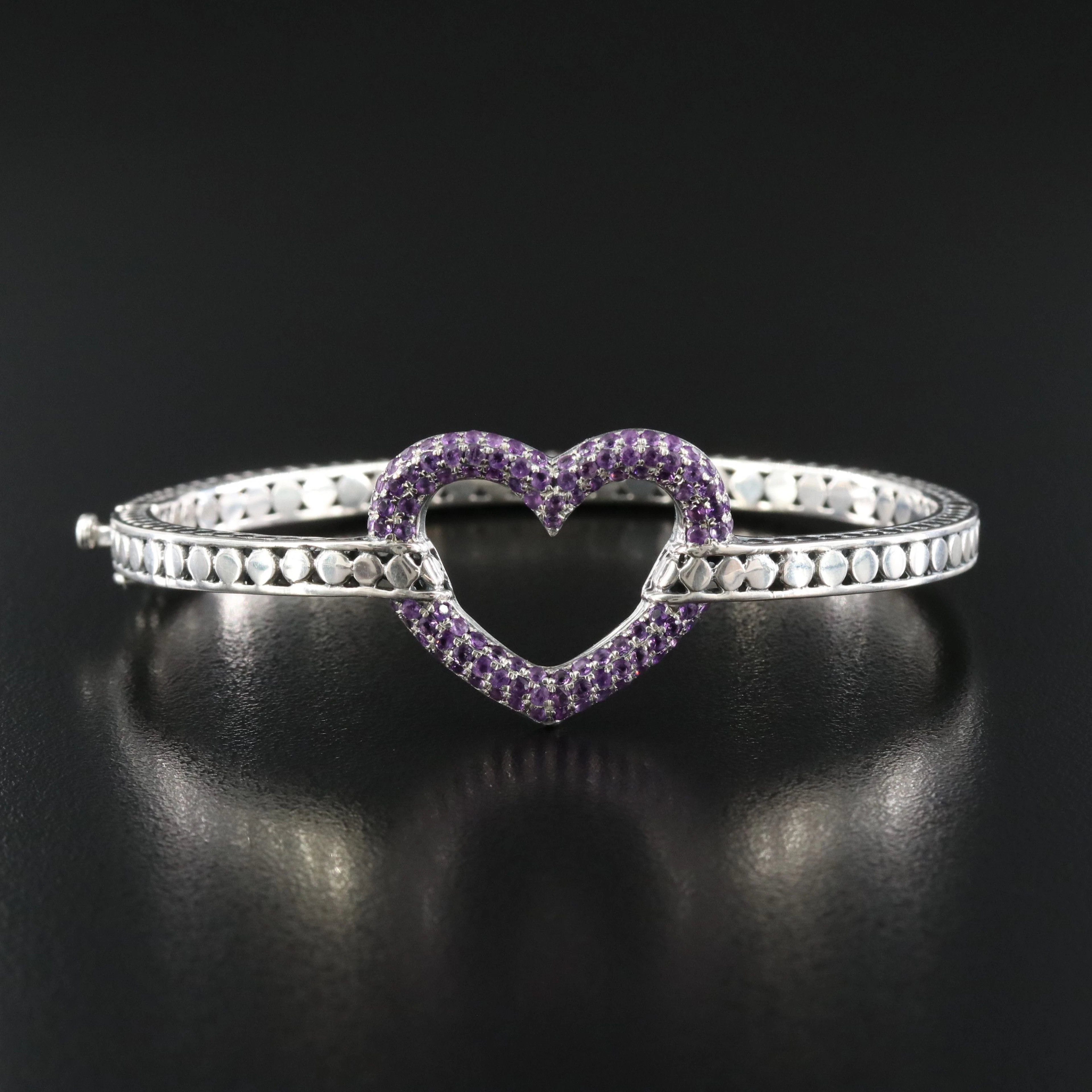 Samuel B Sterling Pavé Amethyst Heart Bangle Bracelet