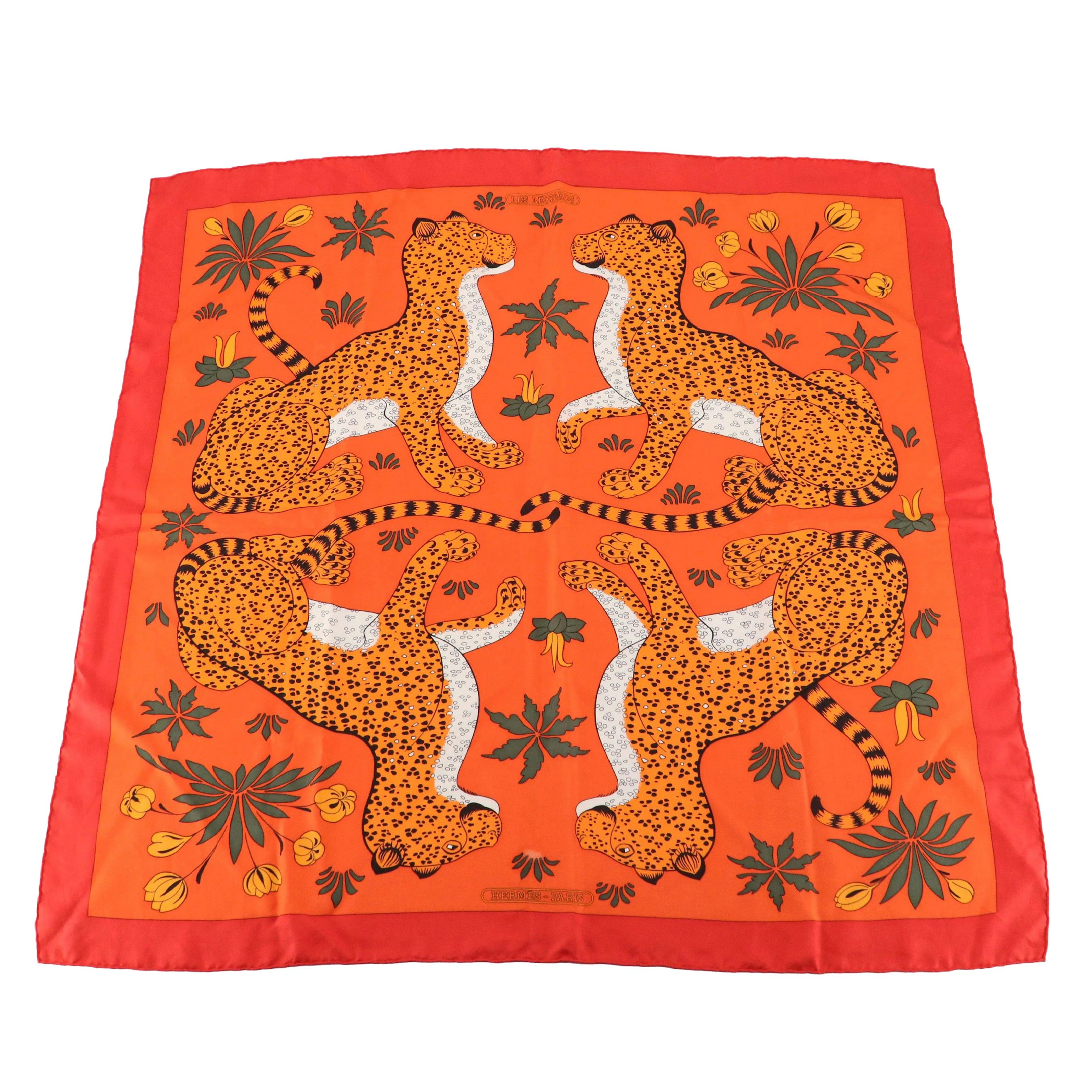Hermès "Les Léopards" Scarf 90 in Orange Silk Twill with Box