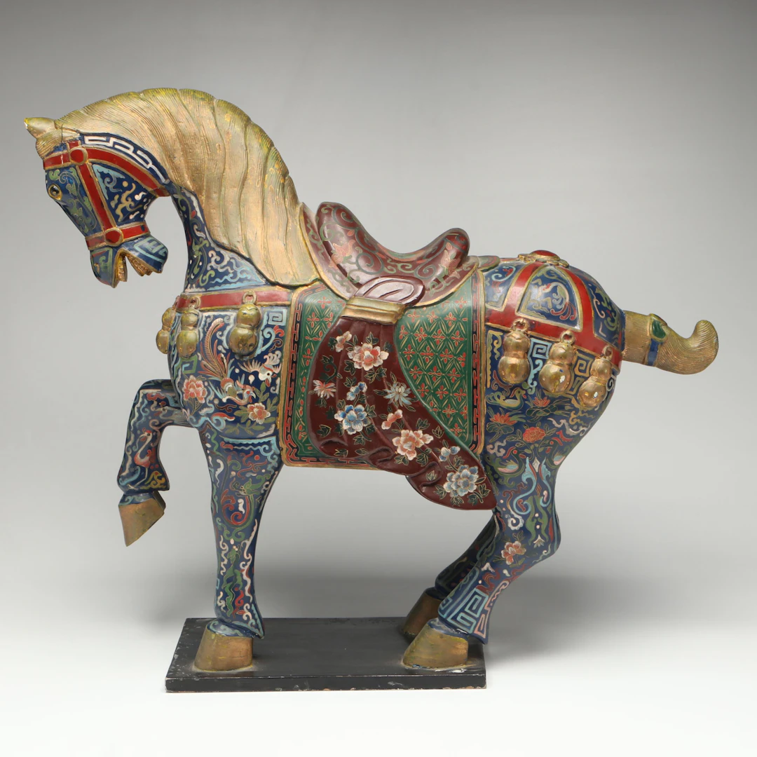 Chinese Tang Style Faux-Cloisonne Painted Wood Horse Figure