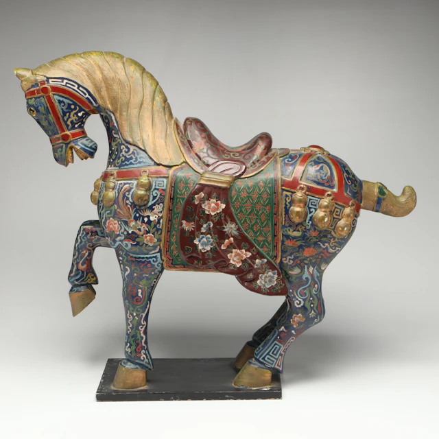 Chinese Tang Style Faux-Cloisonne Painted Wood Horse Figure