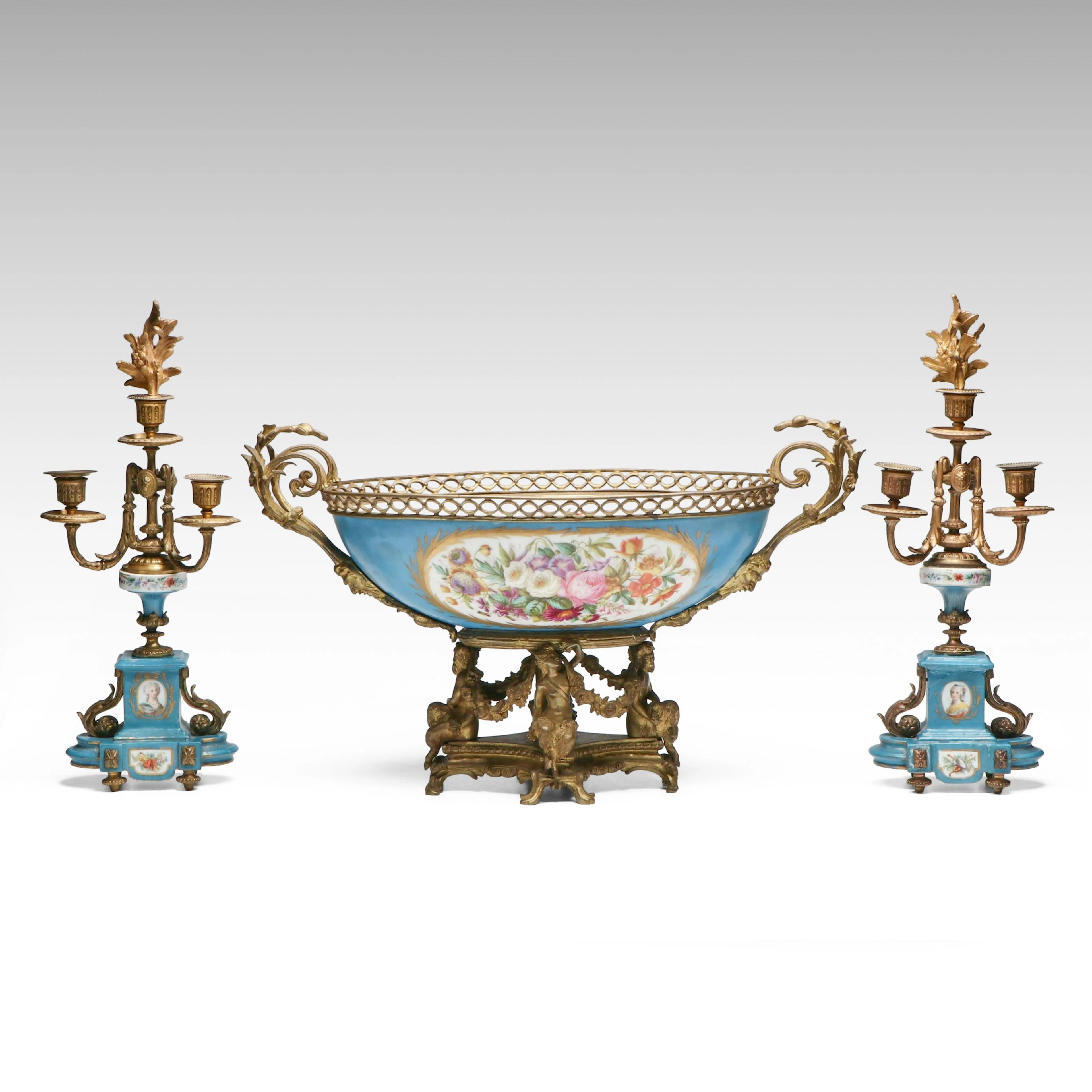 Sèvres Rococo Ormolu Porcelain Candelabra and Centerpiece Bowl, Circa 1754