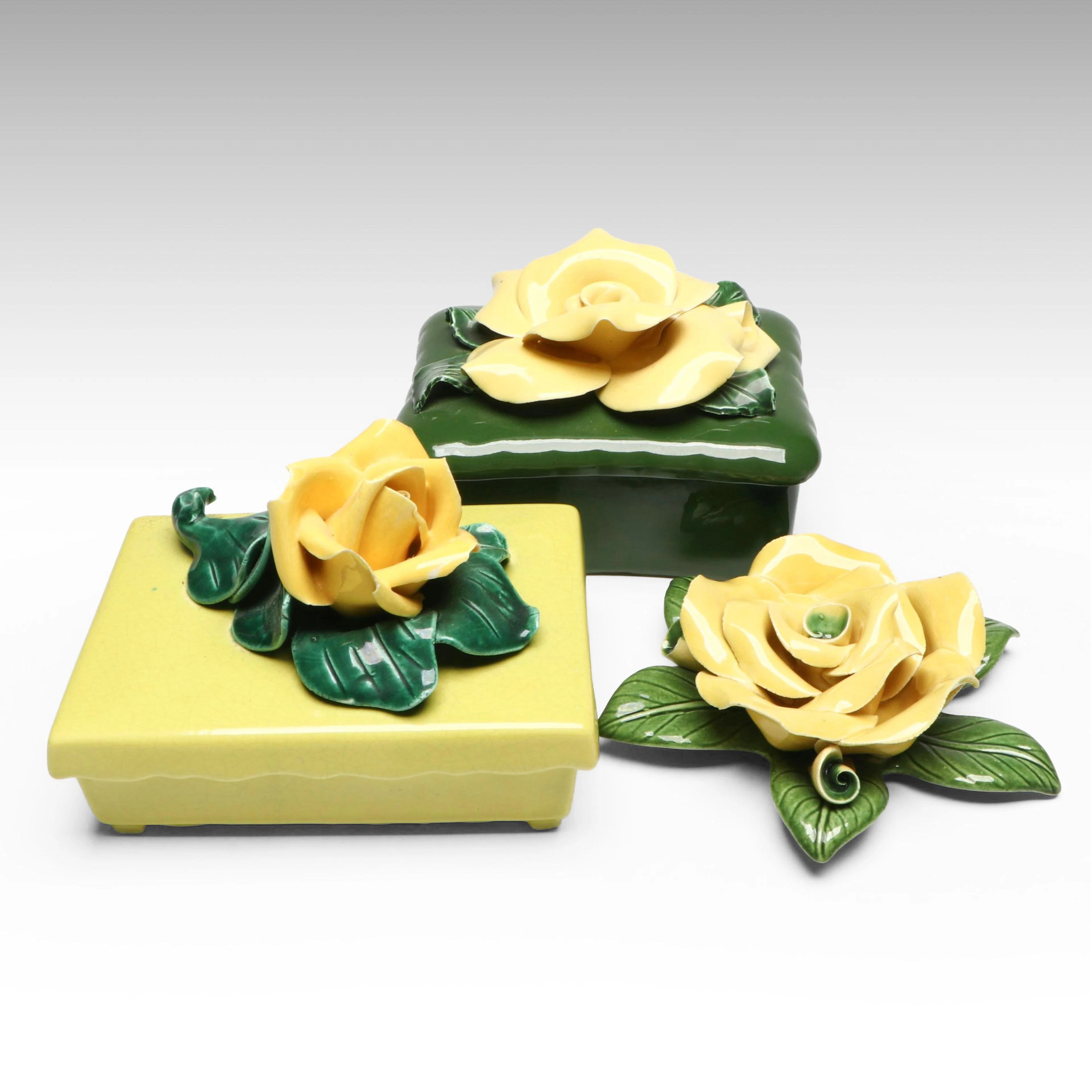 M.R. Razo and Other Vanity Box with Porcelain Yellow Rose, Mid-20th Century
