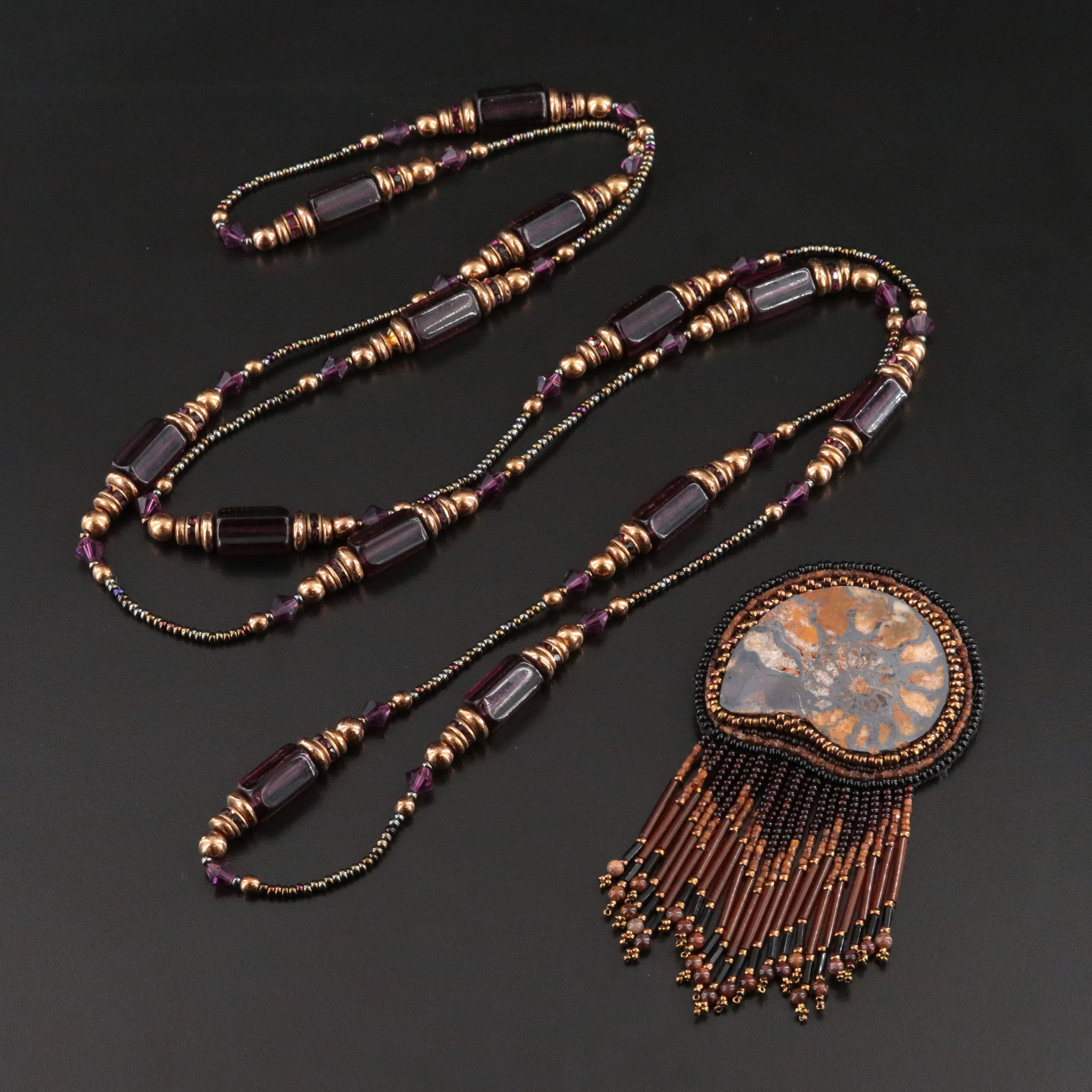 Ammonite Necklace and Tassel Pendant Featuring Pietersite