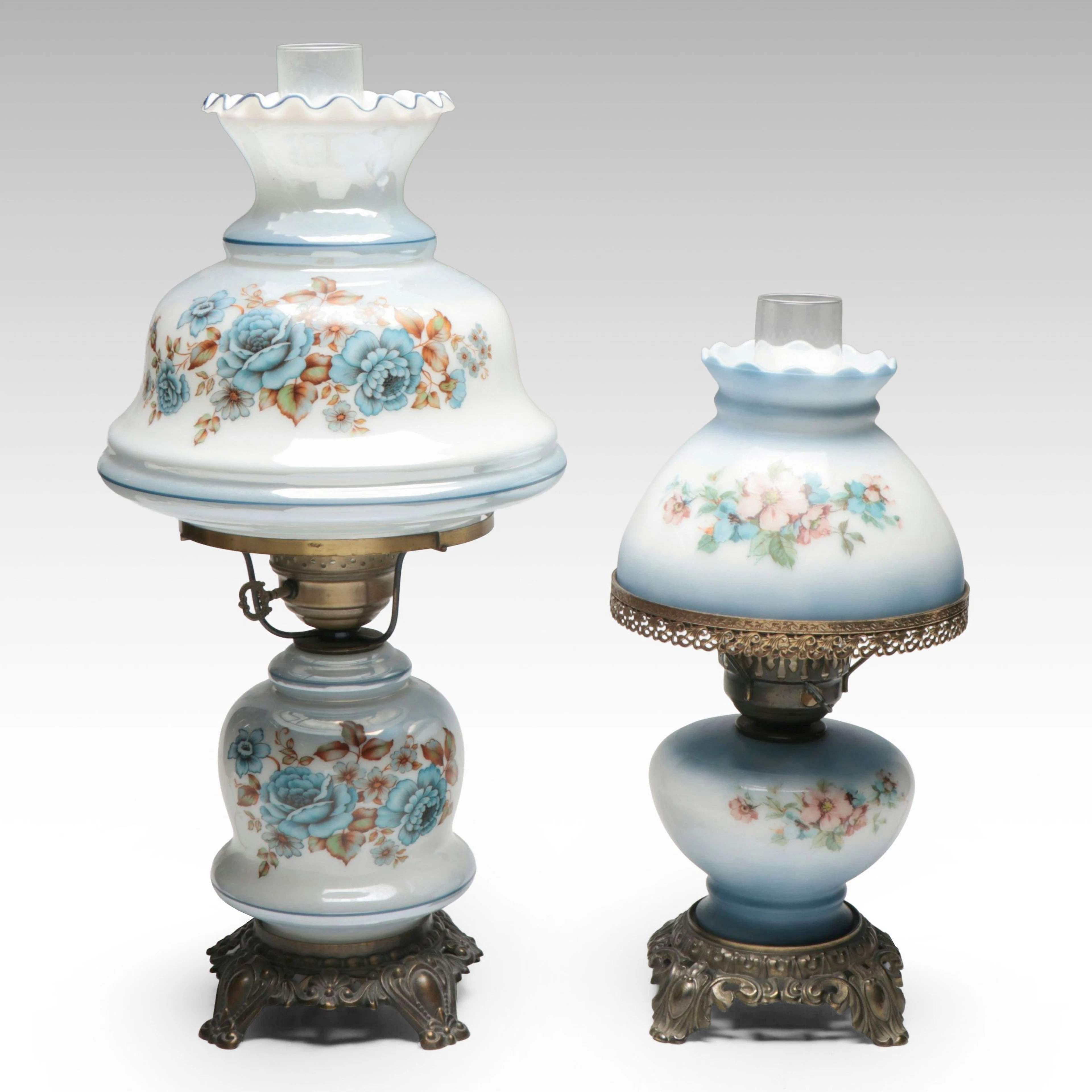 Victorian Style Milk Glass Parlor Lamps, Mid to Late 20th C.