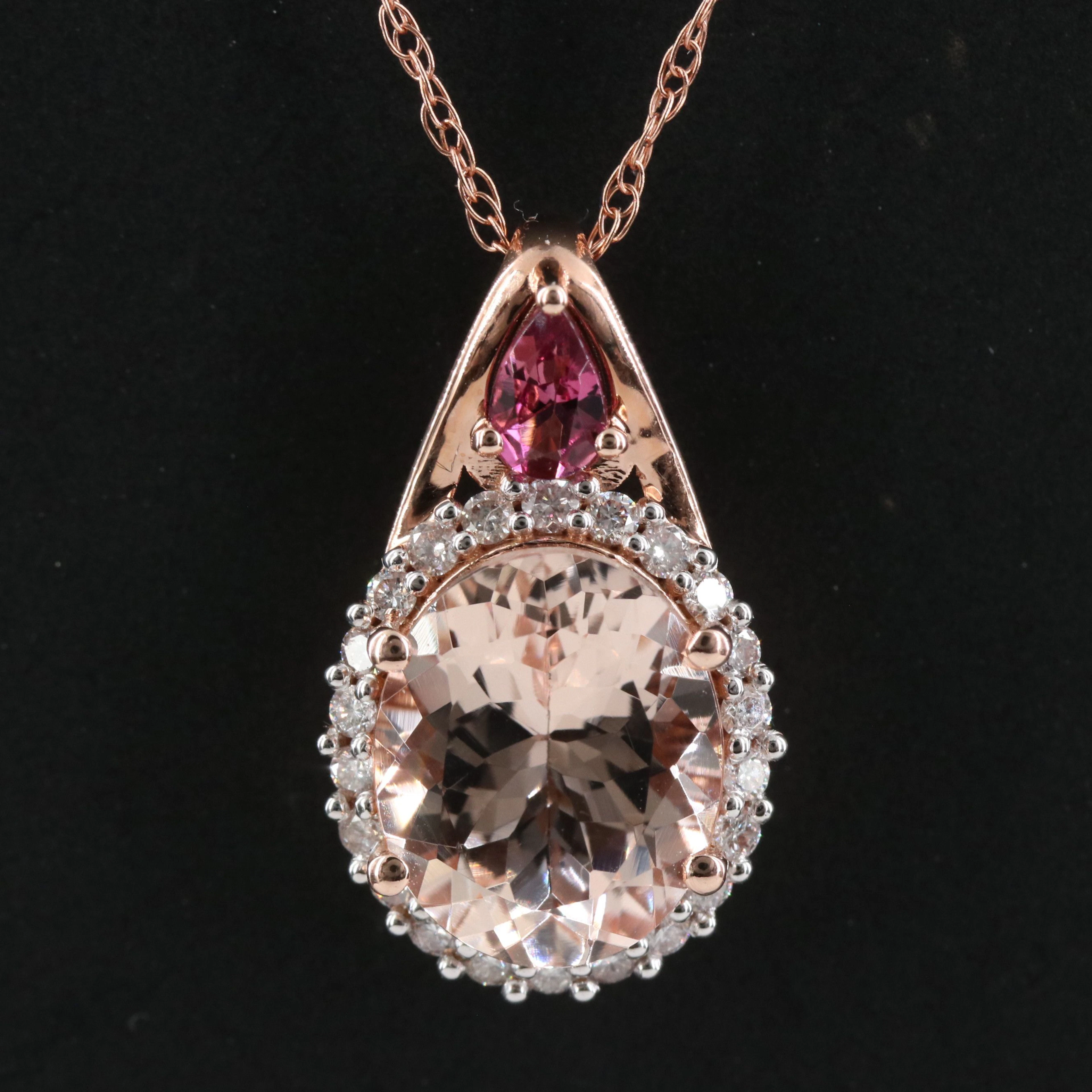 14K Rose Gold Morganite, Rhodolite Garnet, and Diamond Pendant Necklace
