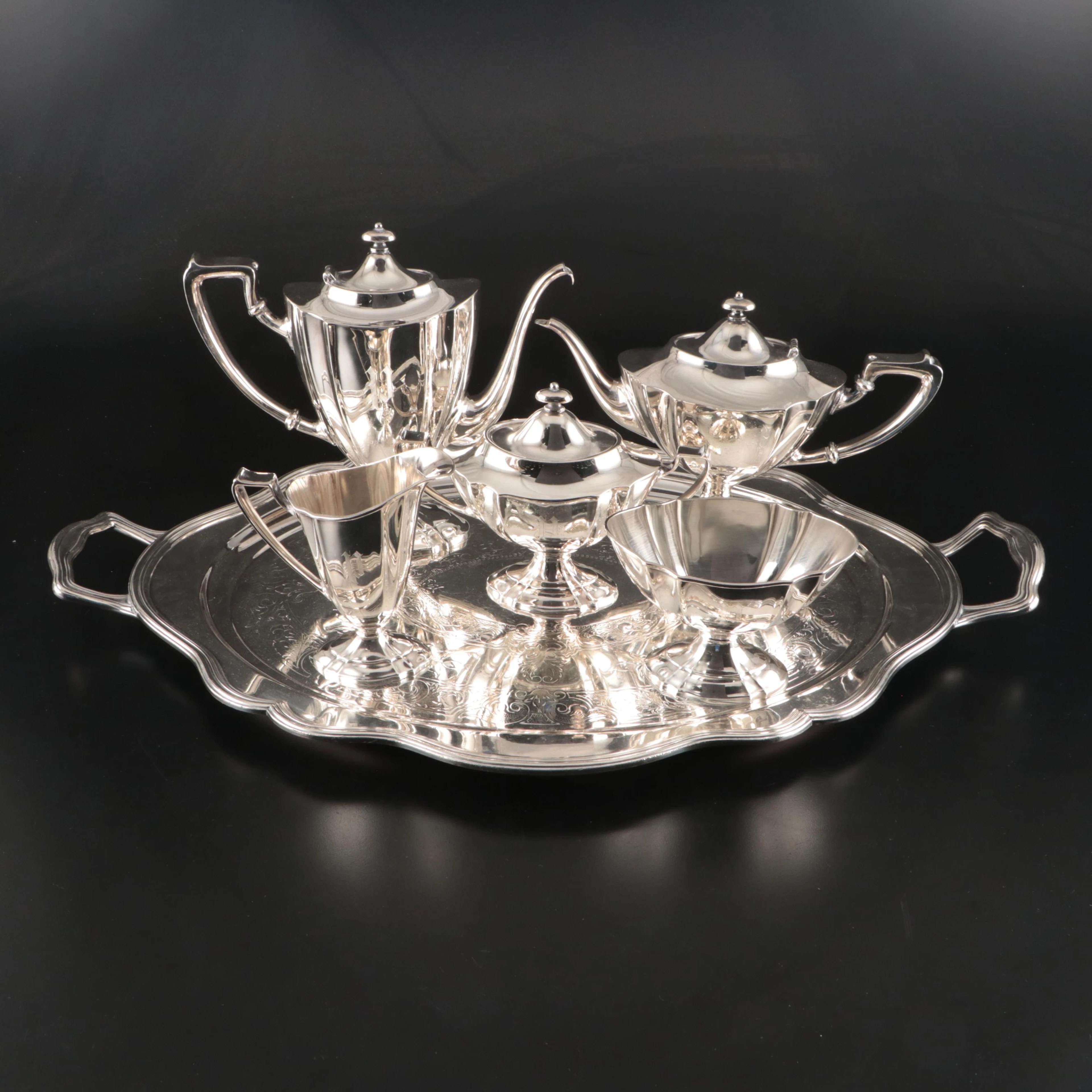 1847 Rogers Bros with Other Silver Plate Regency Style Tea Set and Serving Tray