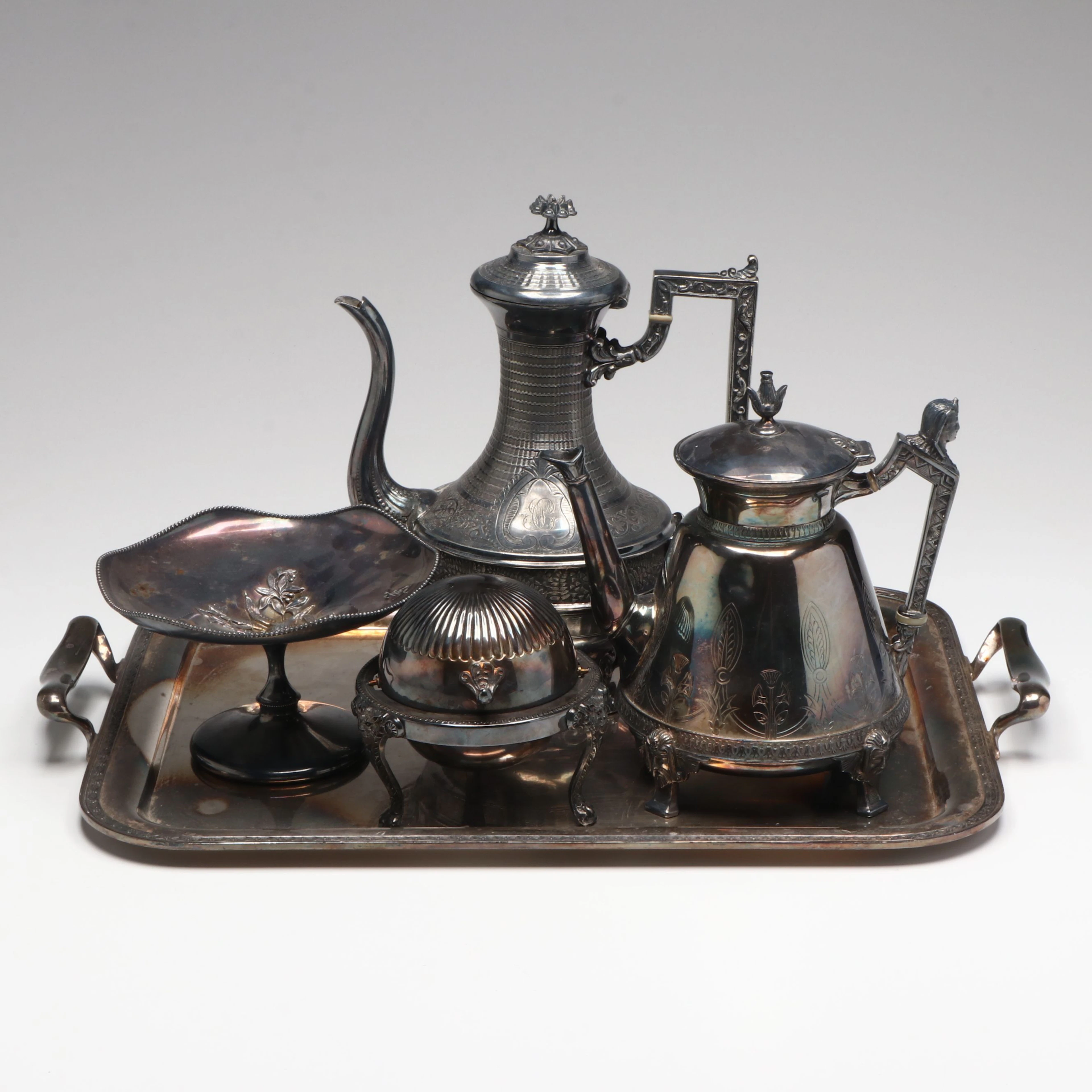 Hall, Elton & Co. Egyptian Revival Silver Plate Coffee Pot with More Serveware