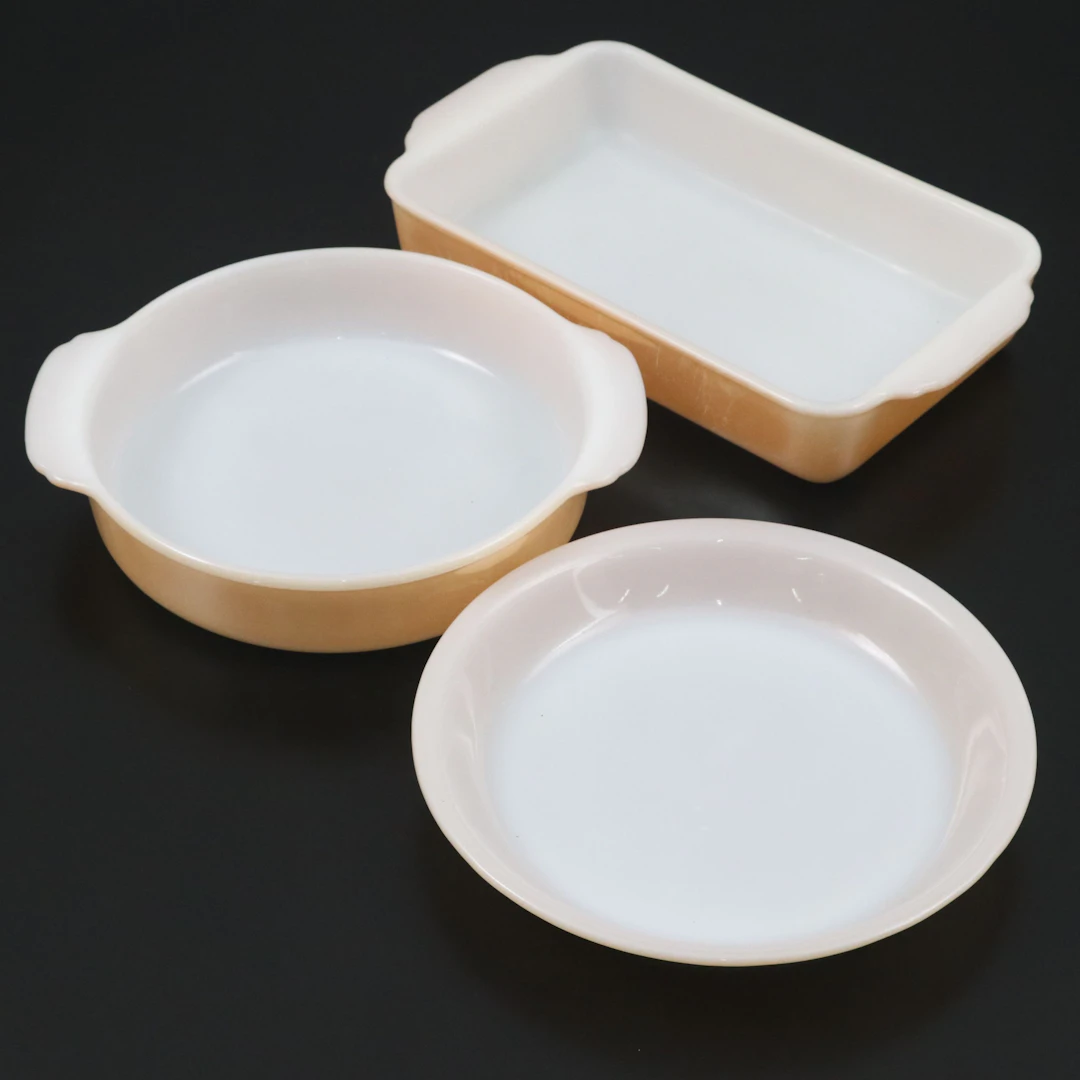 Fire-King Peach Luster Baking Dishes and Pie Plate, Mid to Late 20th Century