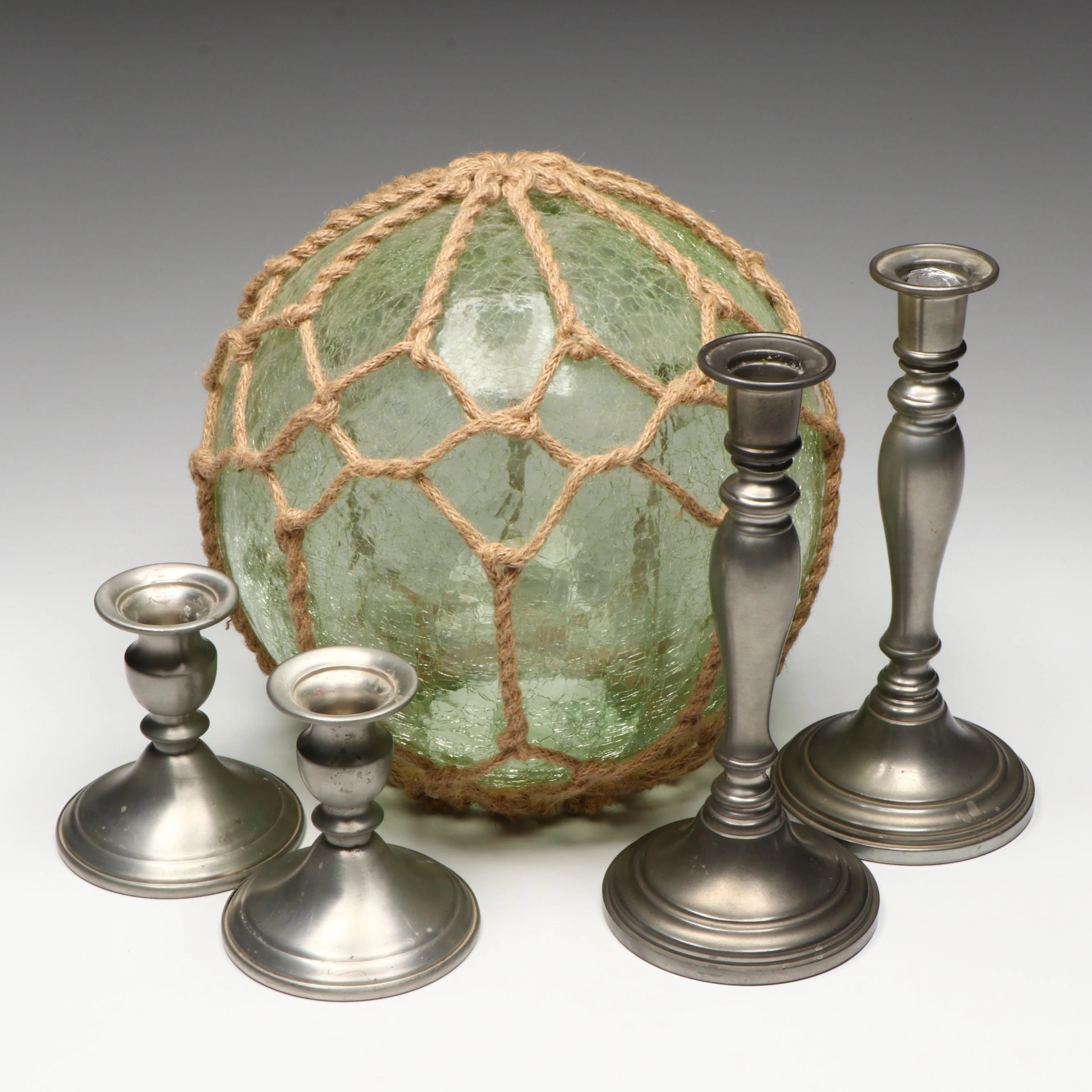 Pewter Candlesticks with Decorative Crackle Glass Sea Float