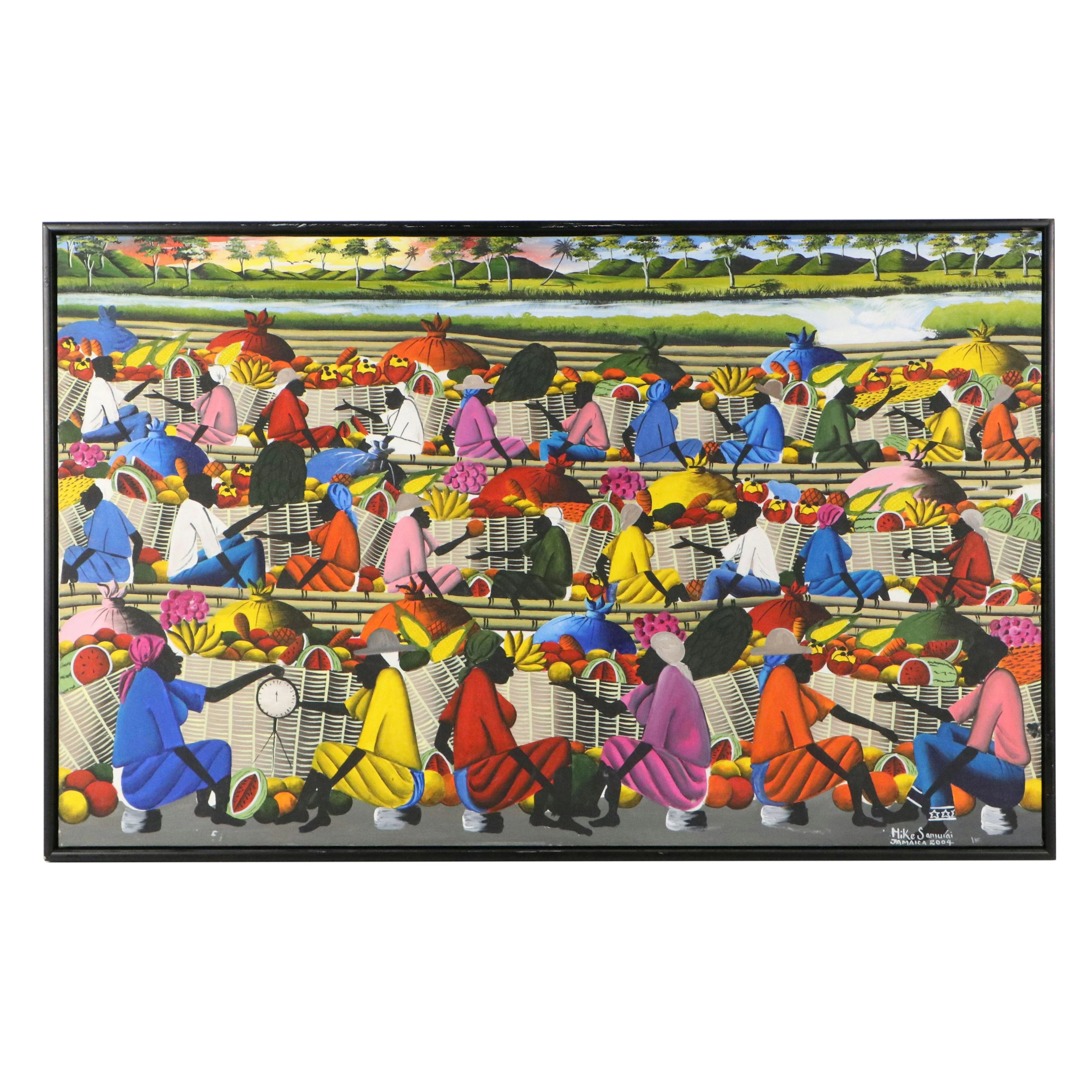 Mike Samurai Folk Art Acrylic Painting of Jamaican Market Scene, 2004