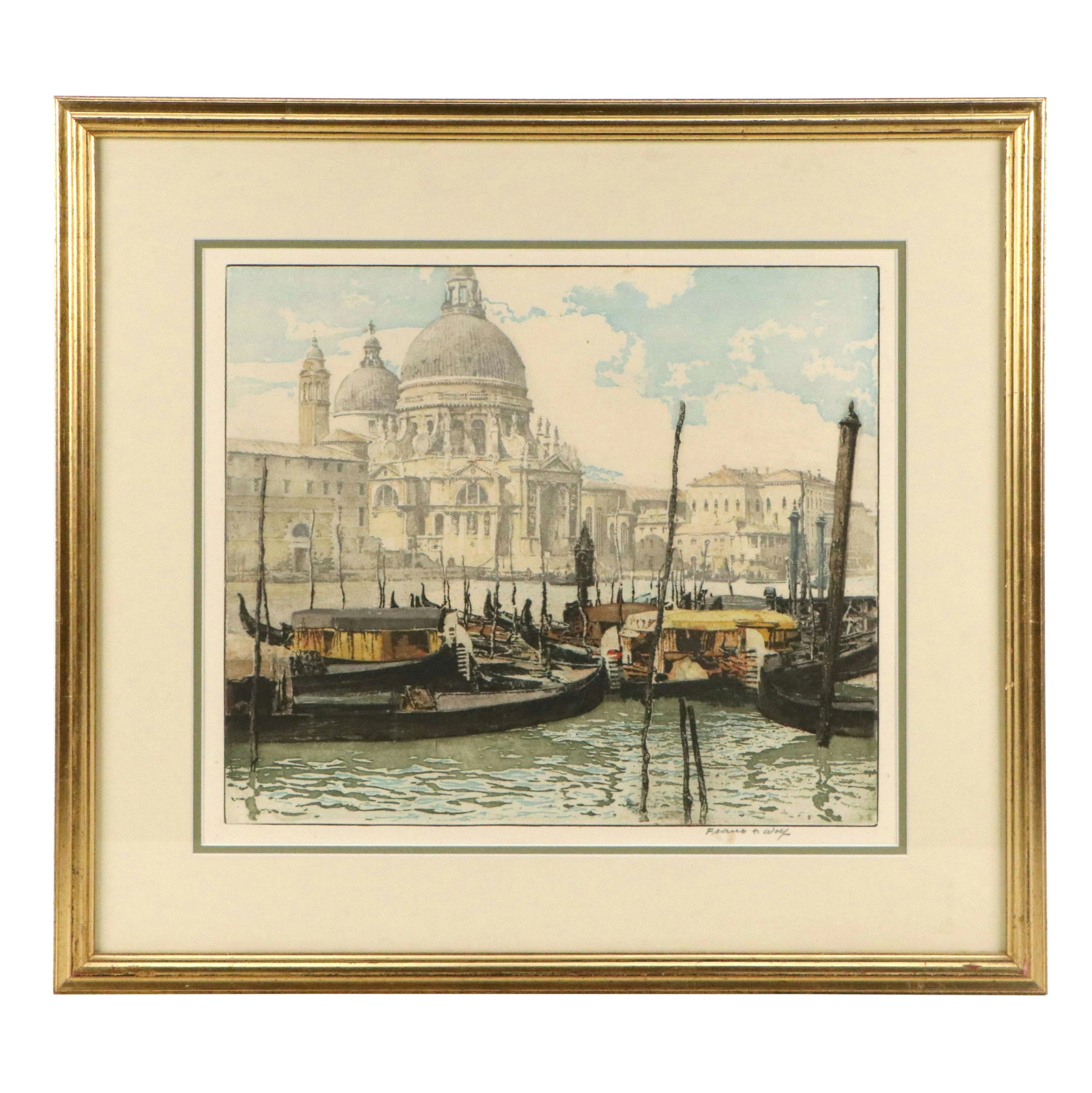 Franz Wolf Etching with Aquatint à la Poupée Venetian Canal Scene