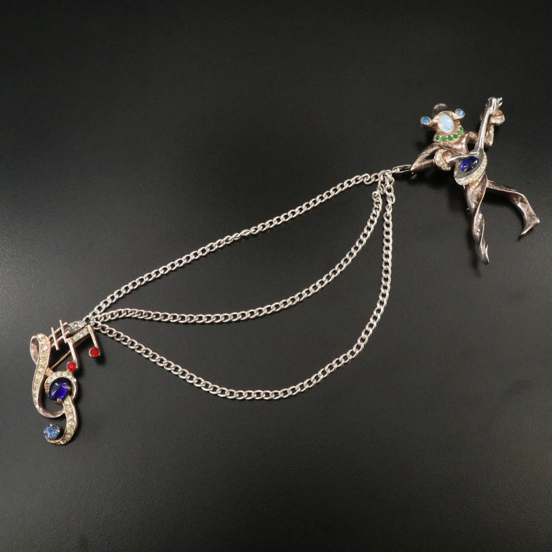 1940s Sterling Rhinestone Music Brooches with Chain Attributed to Urie Mandle