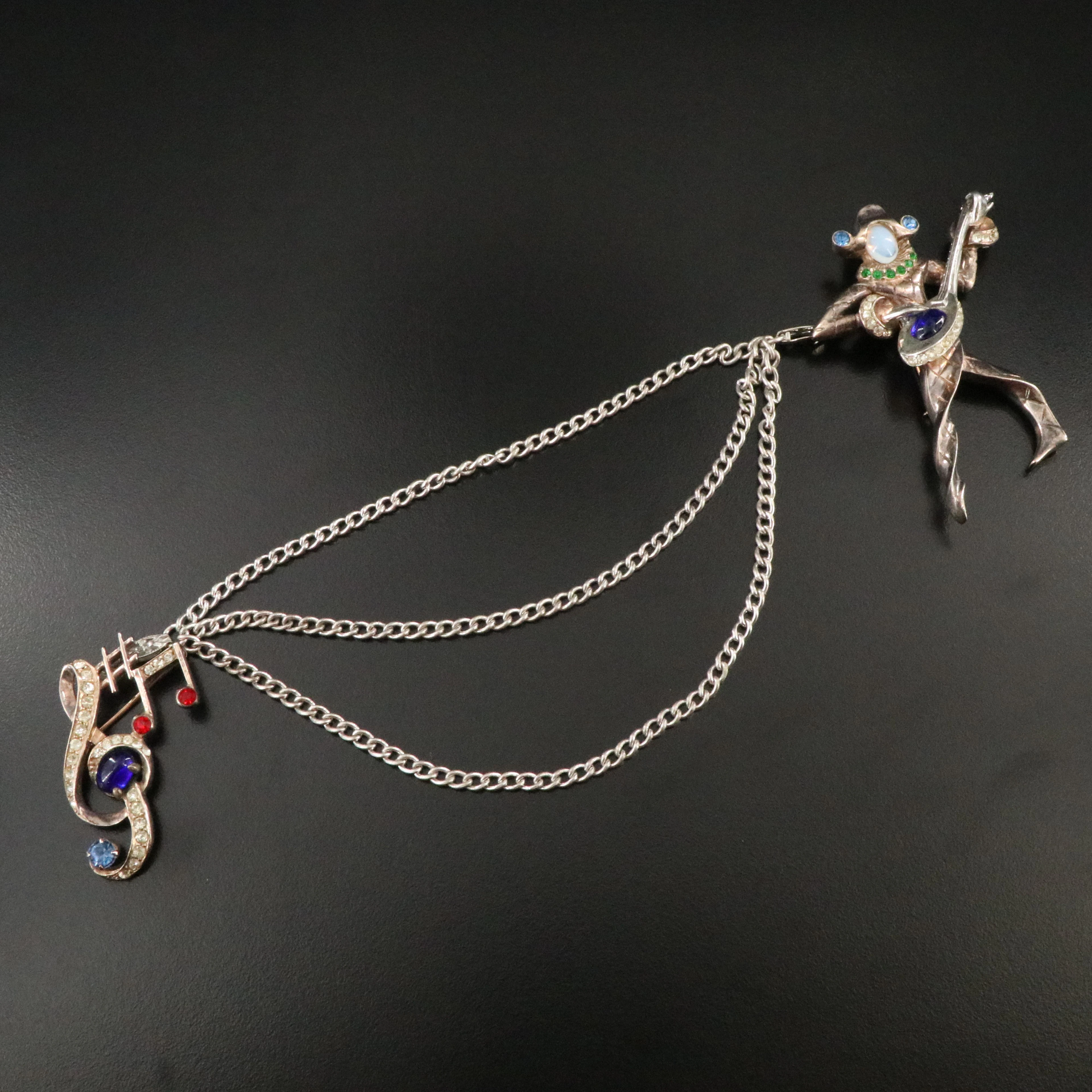 1940s Sterling Rhinestone Music Brooches with Chain Attributed to Urie Mandle
