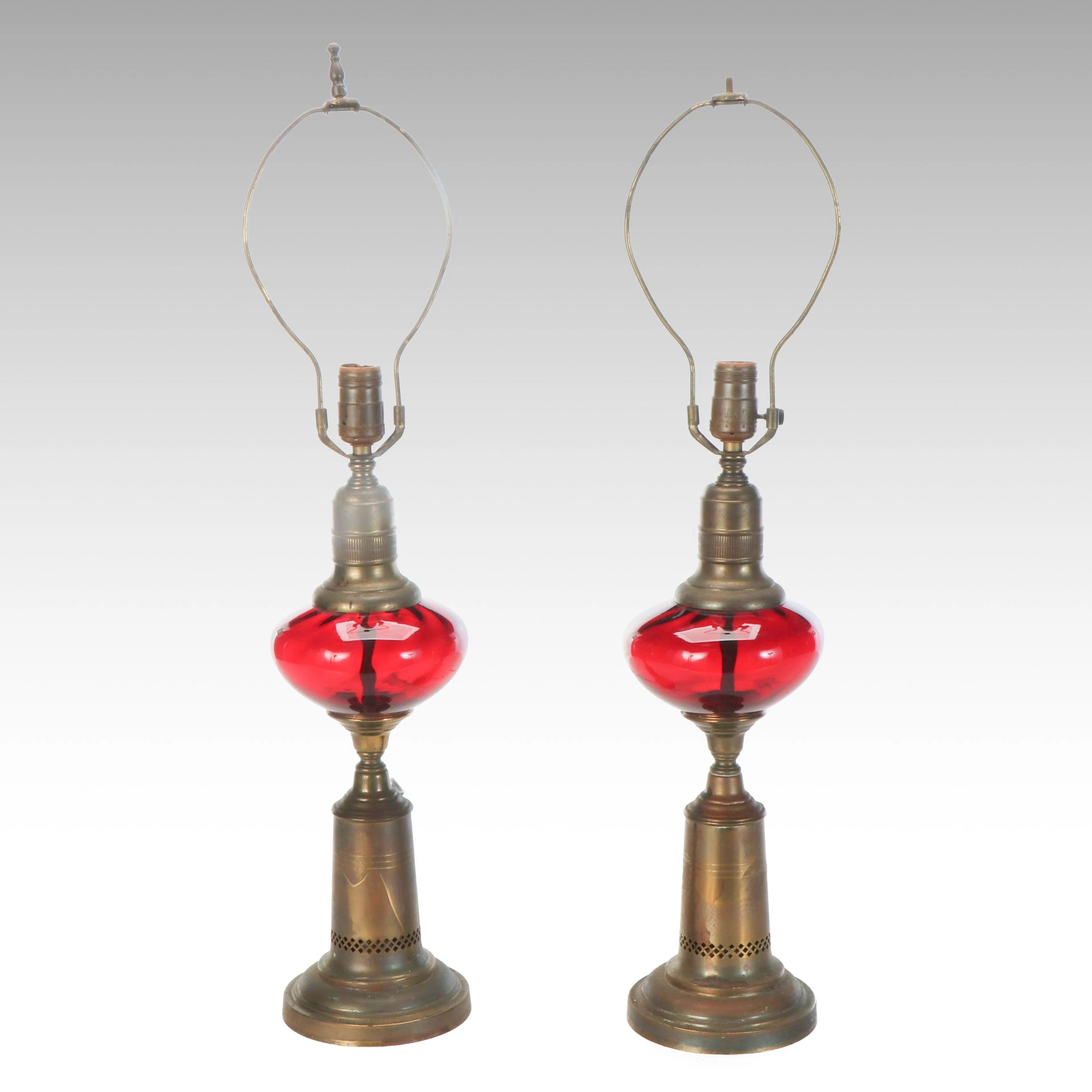 Pair of Brass and Ruby Glass Table Lamps