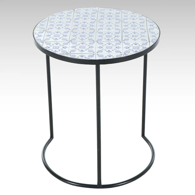 Round Blue and White Ceramic Tile Top Metal End Table