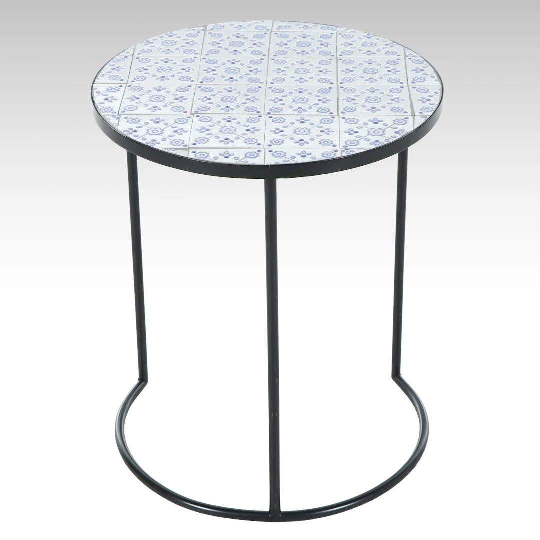 Round Blue and White Ceramic Tile Top Metal End Table