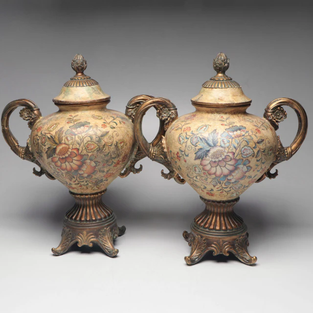 Pair of Baroque Style Painted Ceramic Lidded Urns