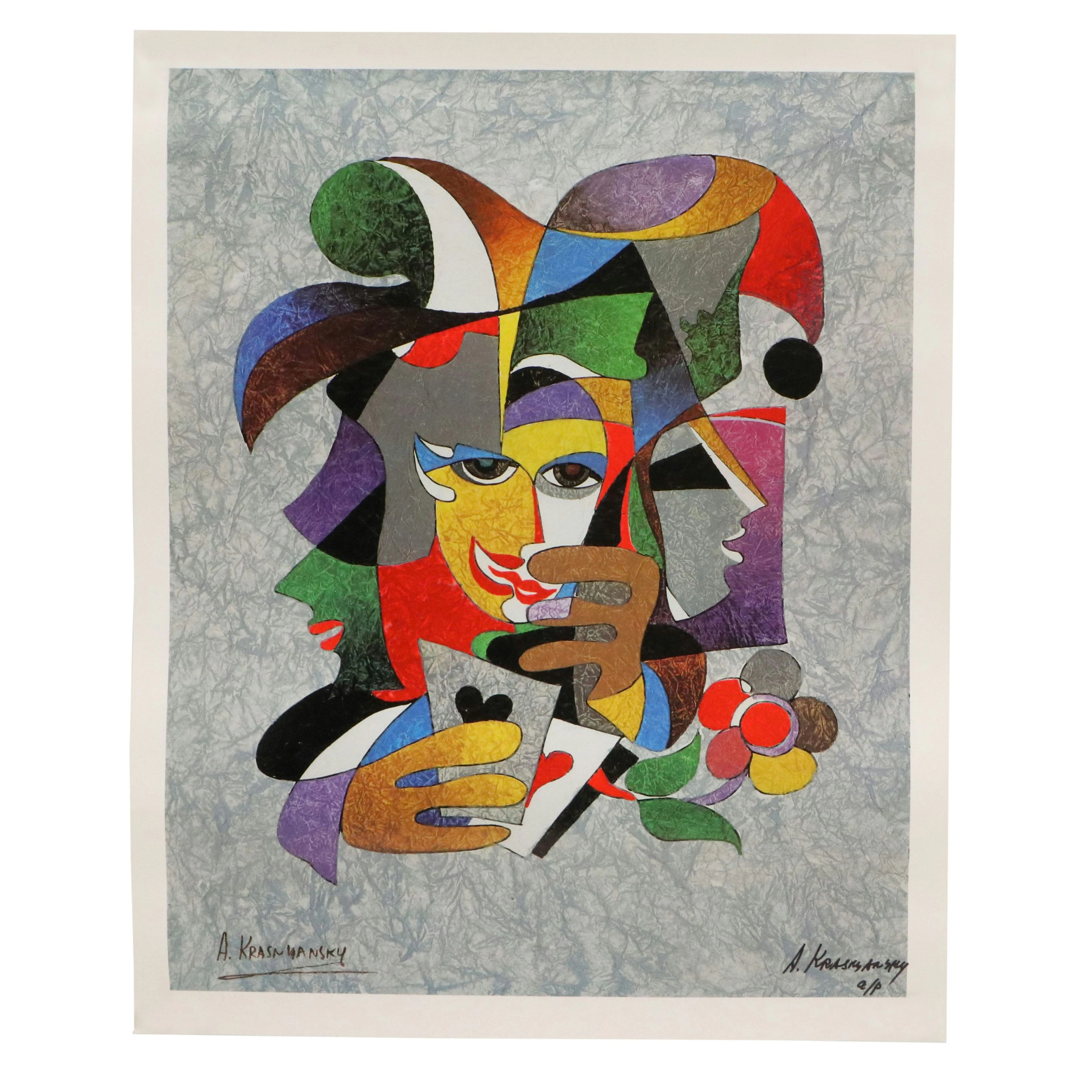 Anatole Krasnyansky Cubist Offset Lithograph "The Right Play"