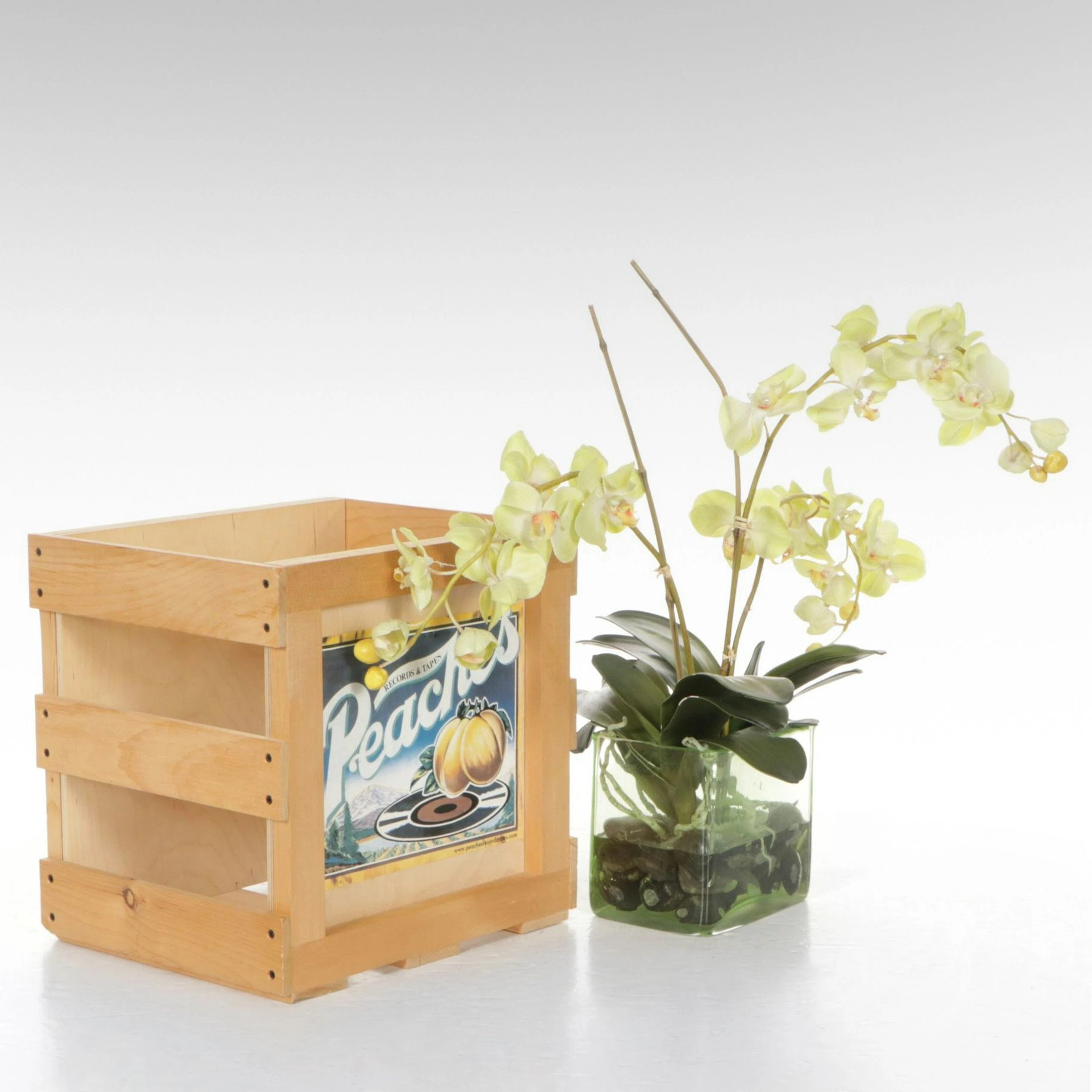 Peaches Records & Tapes Wooden Vinyl Crate with Artificial Orchid