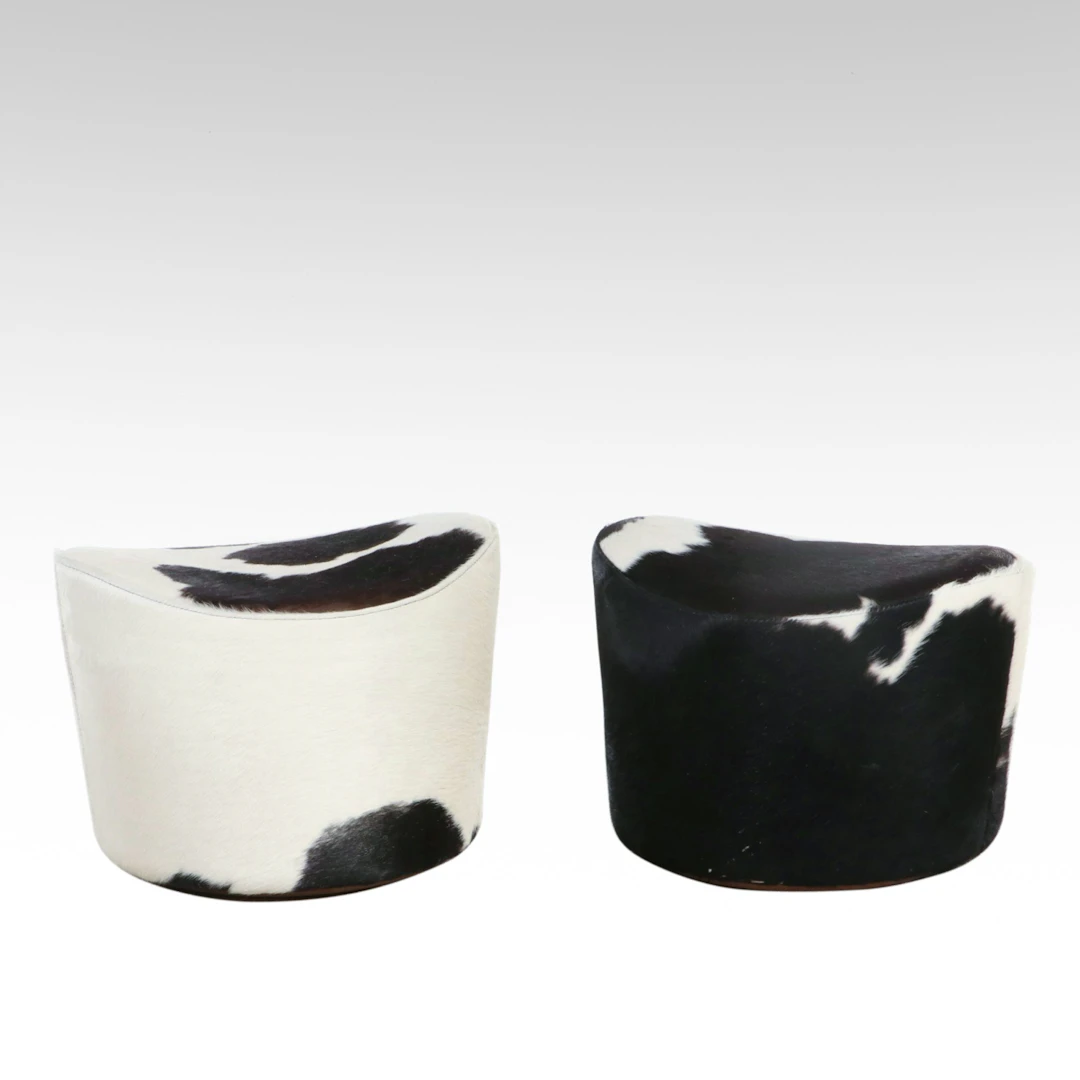 Pair of IKEA Contemporary Hair-on-Hide Cowhide Drum Ottomans, 21st Century