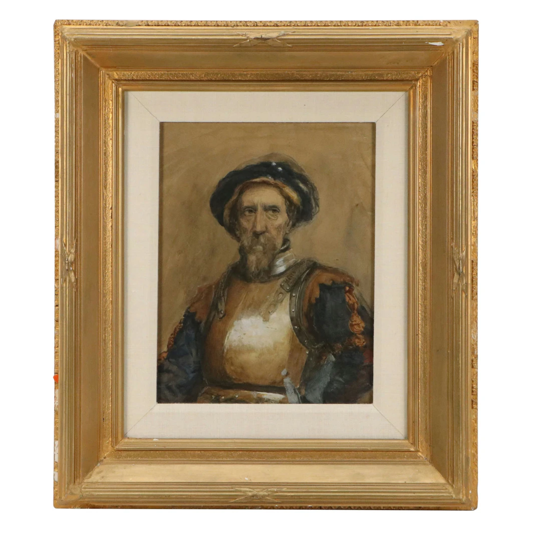 Dutch Golden Age Style Gouache and Watercolor Painting of Old Man in Armour
