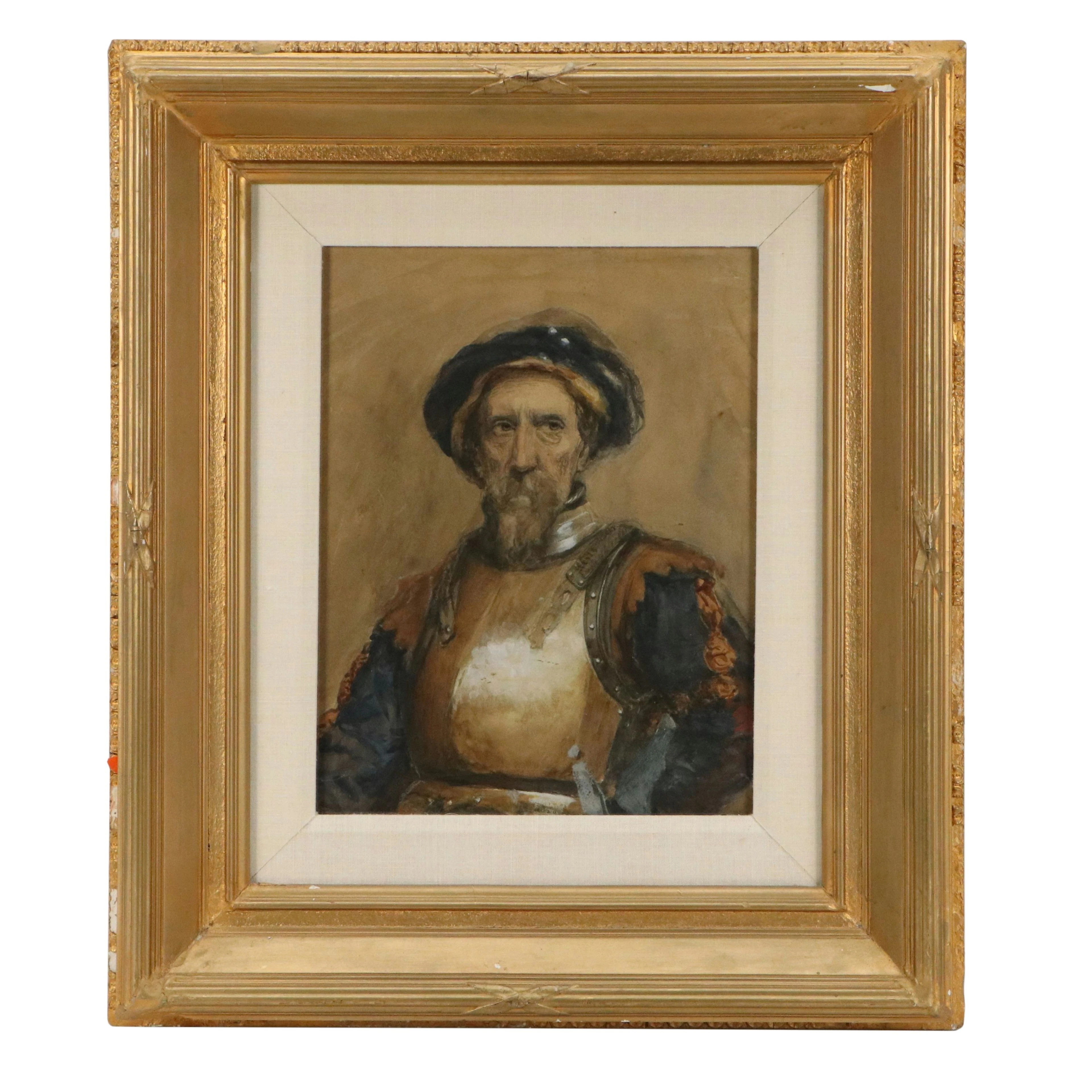 Dutch Golden Age Style Gouache and Watercolor Painting of Old Man in Armour
