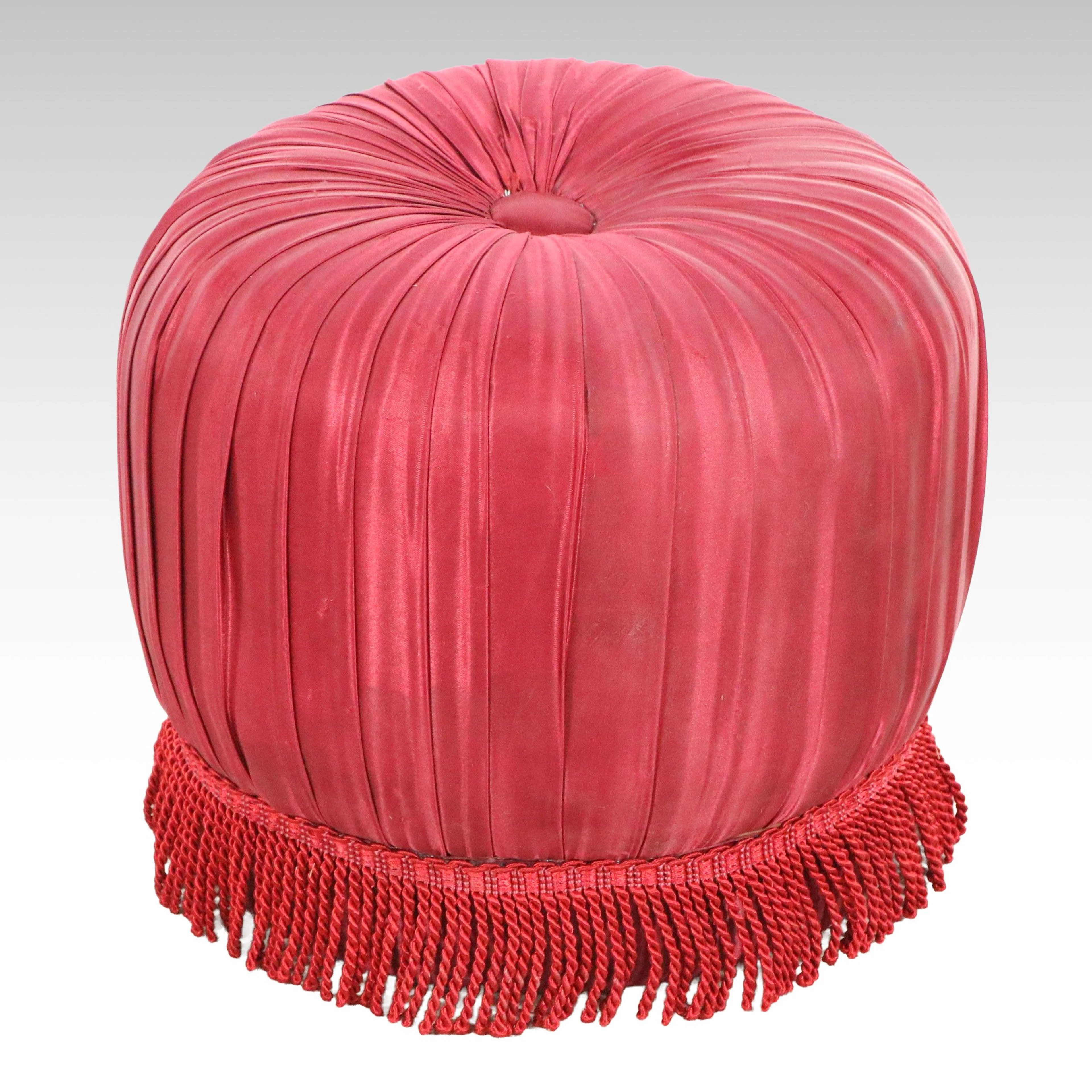 Hollywood Regency Style Crimson Pleated and Tufted Pouf Ottoman with Fringe