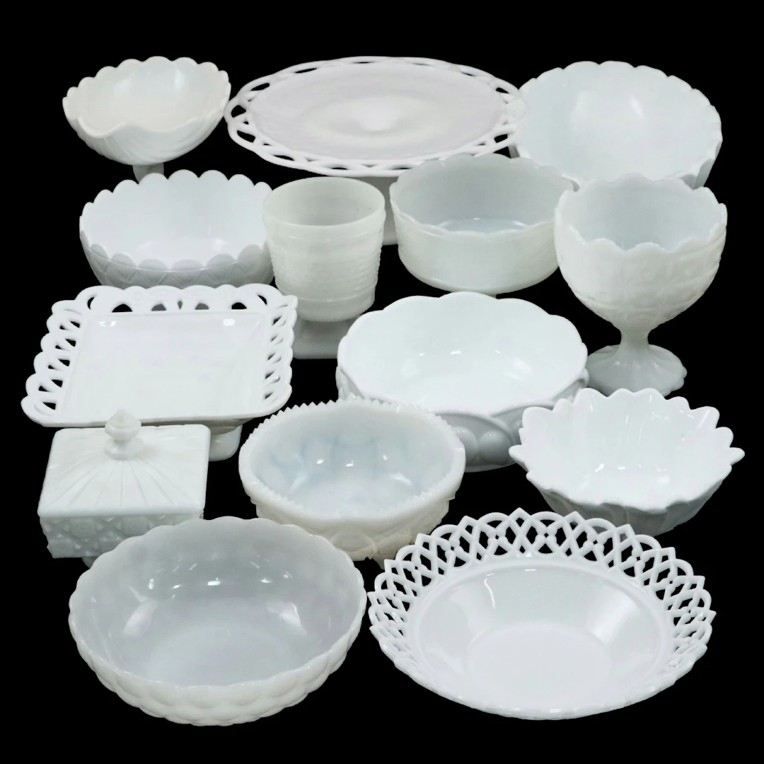 Lace-Edge, Bubble with Other Milk Glass Bowls, Plate and Box, Mid-20th Century