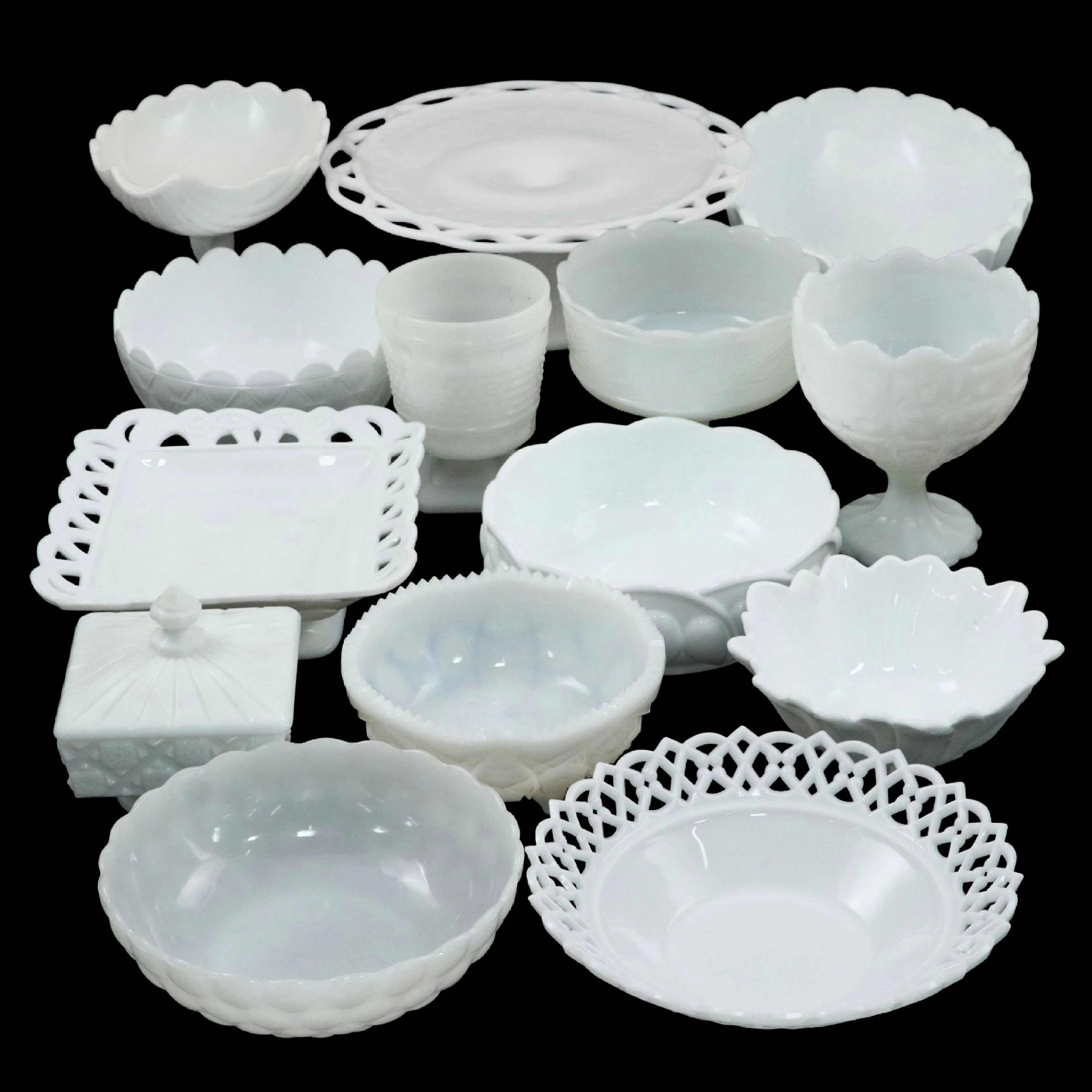 Lace-Edge, Bubble with Other Milk Glass Bowls, Plate and Box, Mid-20th Century