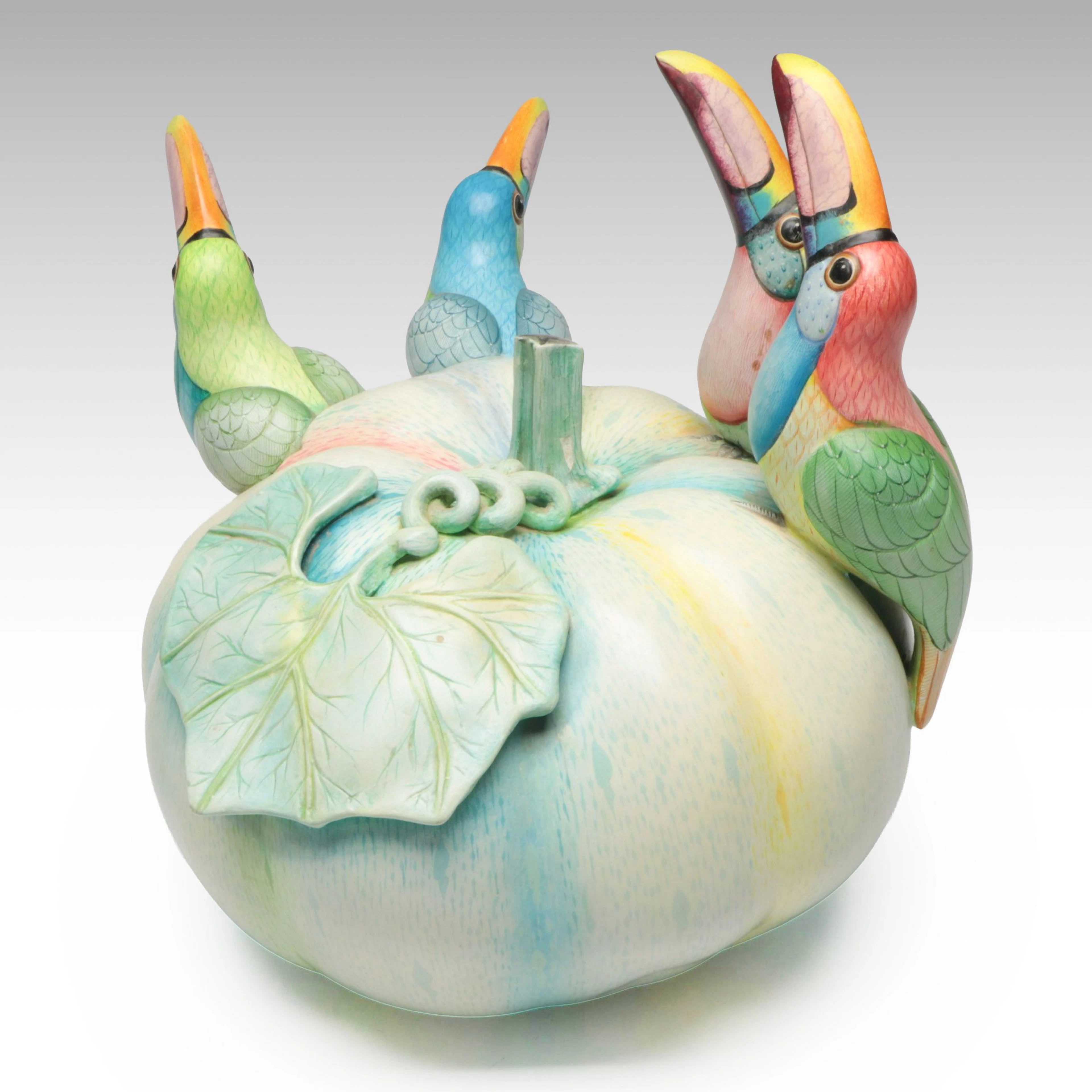 Sergio Bustamante Mexican Hand-Painted Ceramic Pumpkin with Toucans