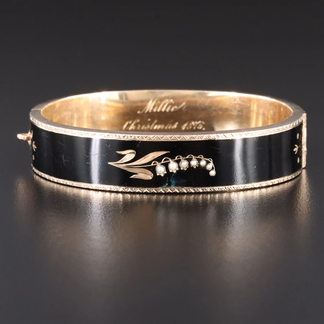 Victorian 14K Enamel and Seed Pearl Lily of the Valley Mourning Bracelet