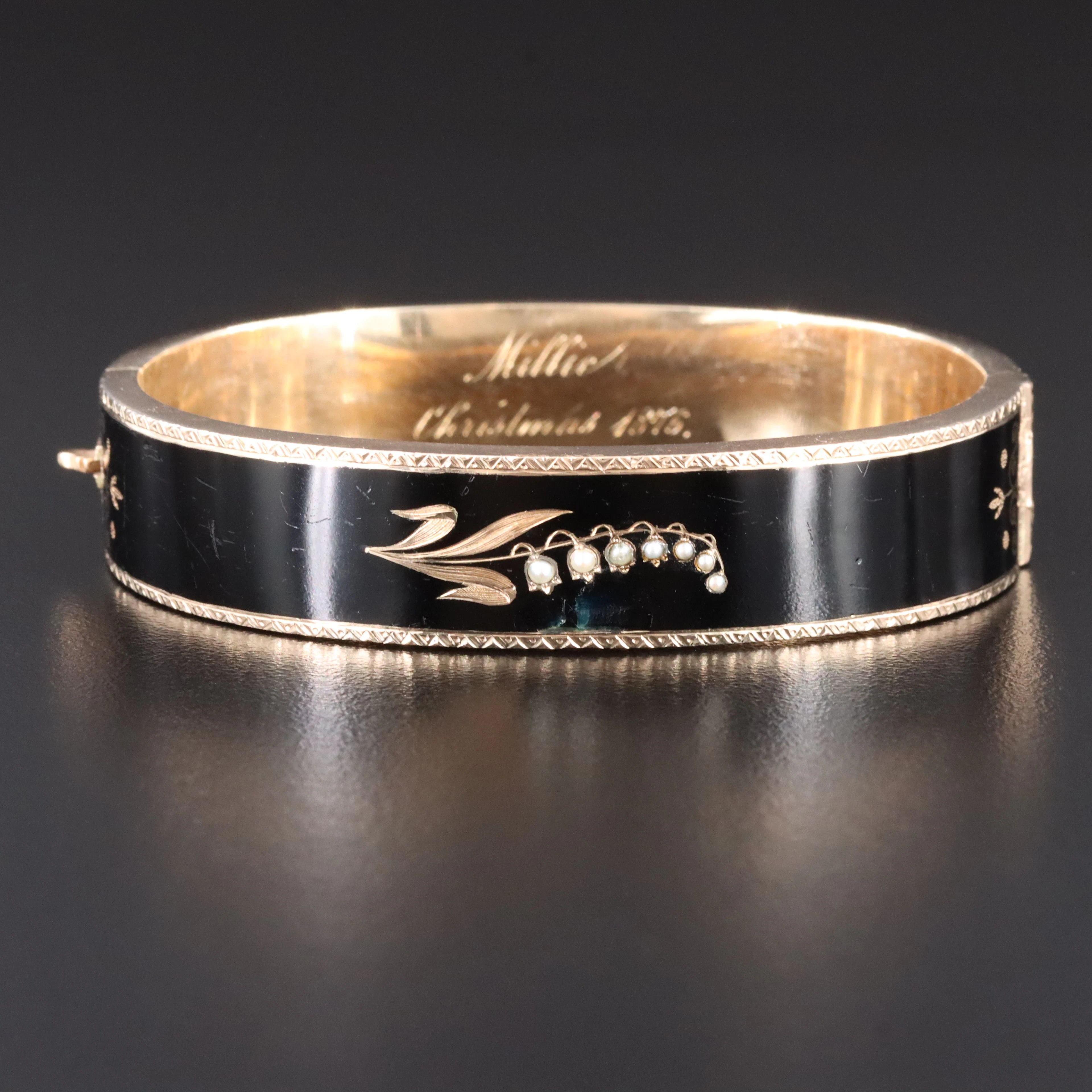 Victorian 14K Enamel and Seed Pearl Lily of the Valley Mourning Bracelet