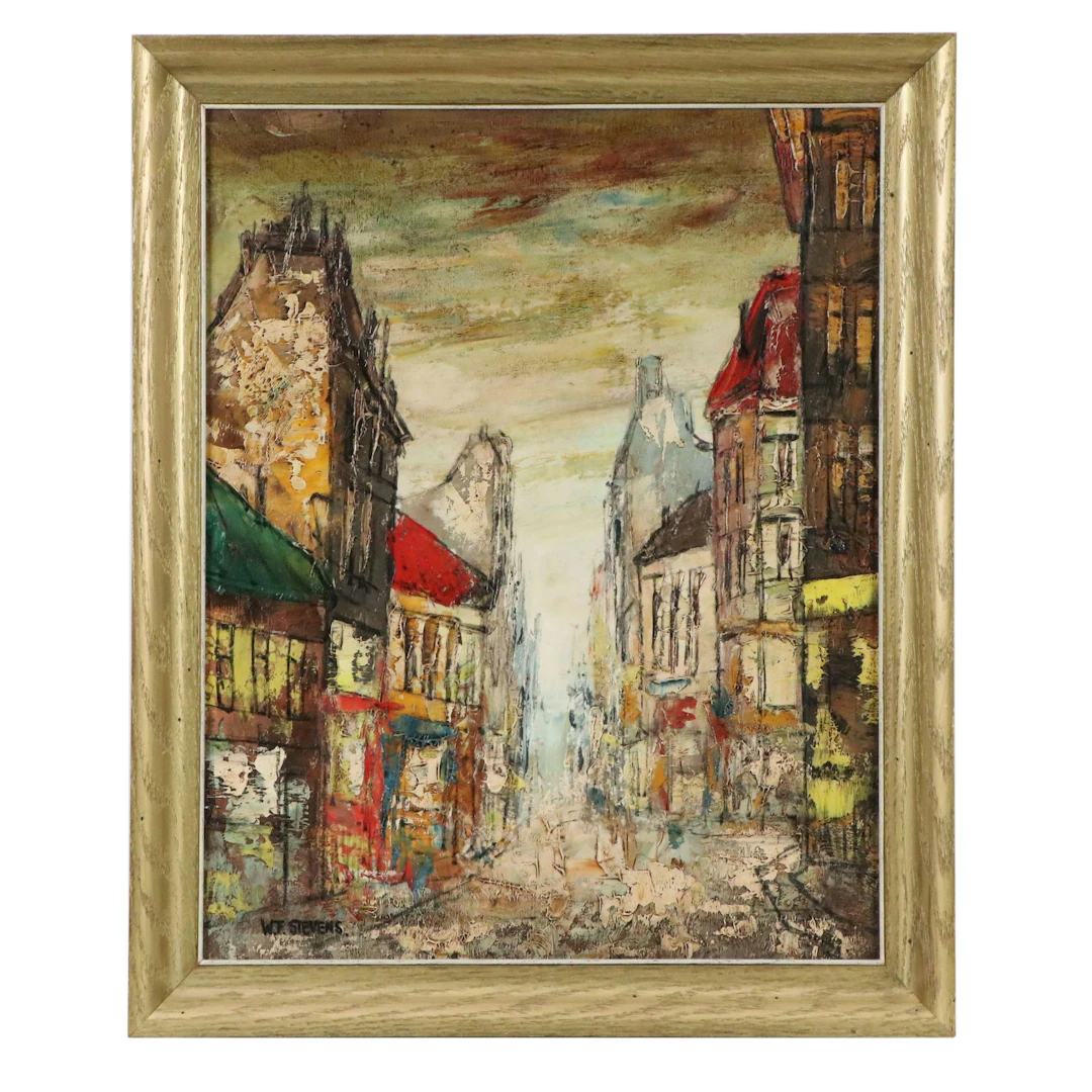 W. F. Stevens Stylized Oil Painting of Cityscape, Late 20th Century