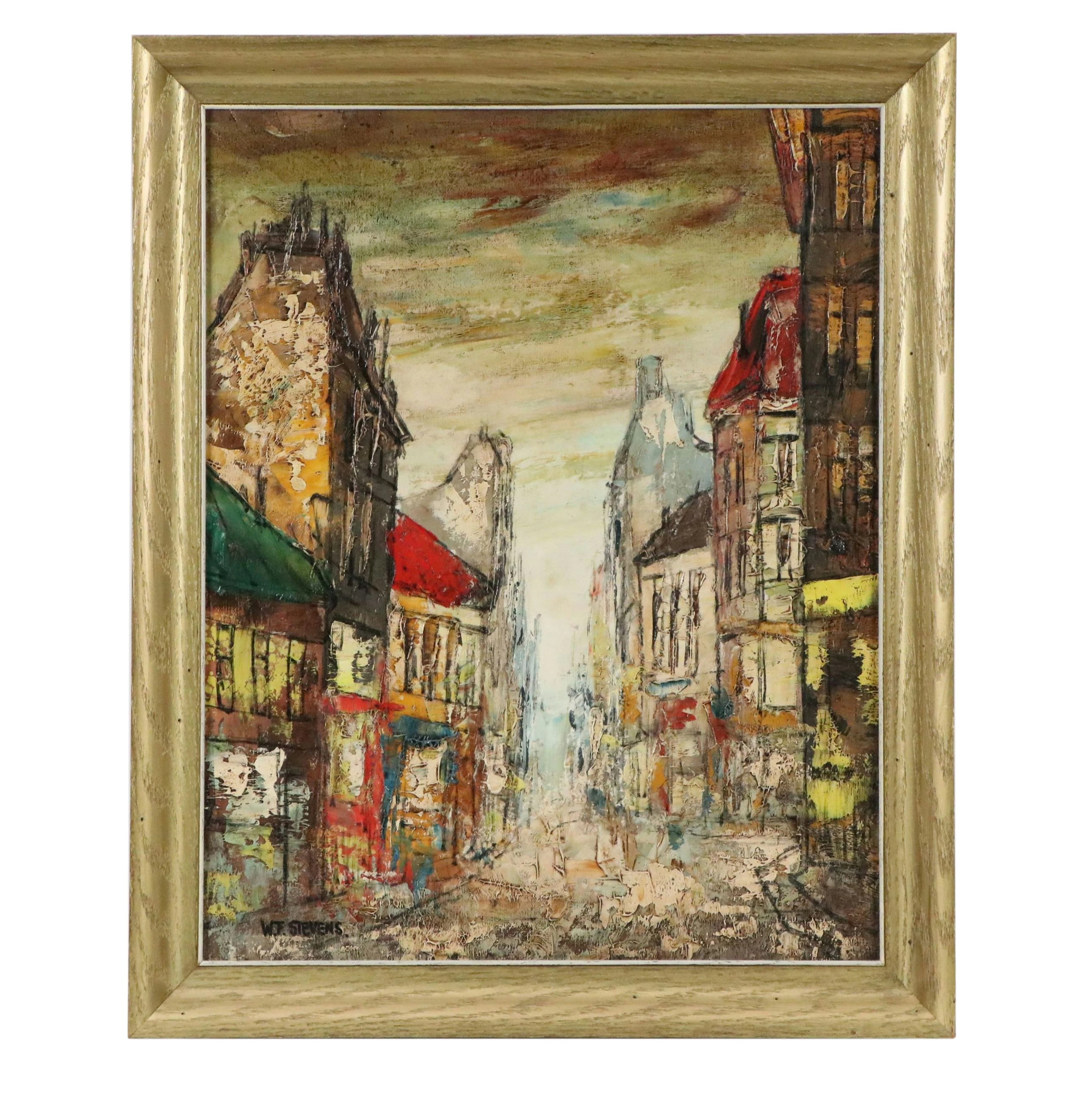 W. F. Stevens Stylized Oil Painting of Cityscape, Late 20th Century