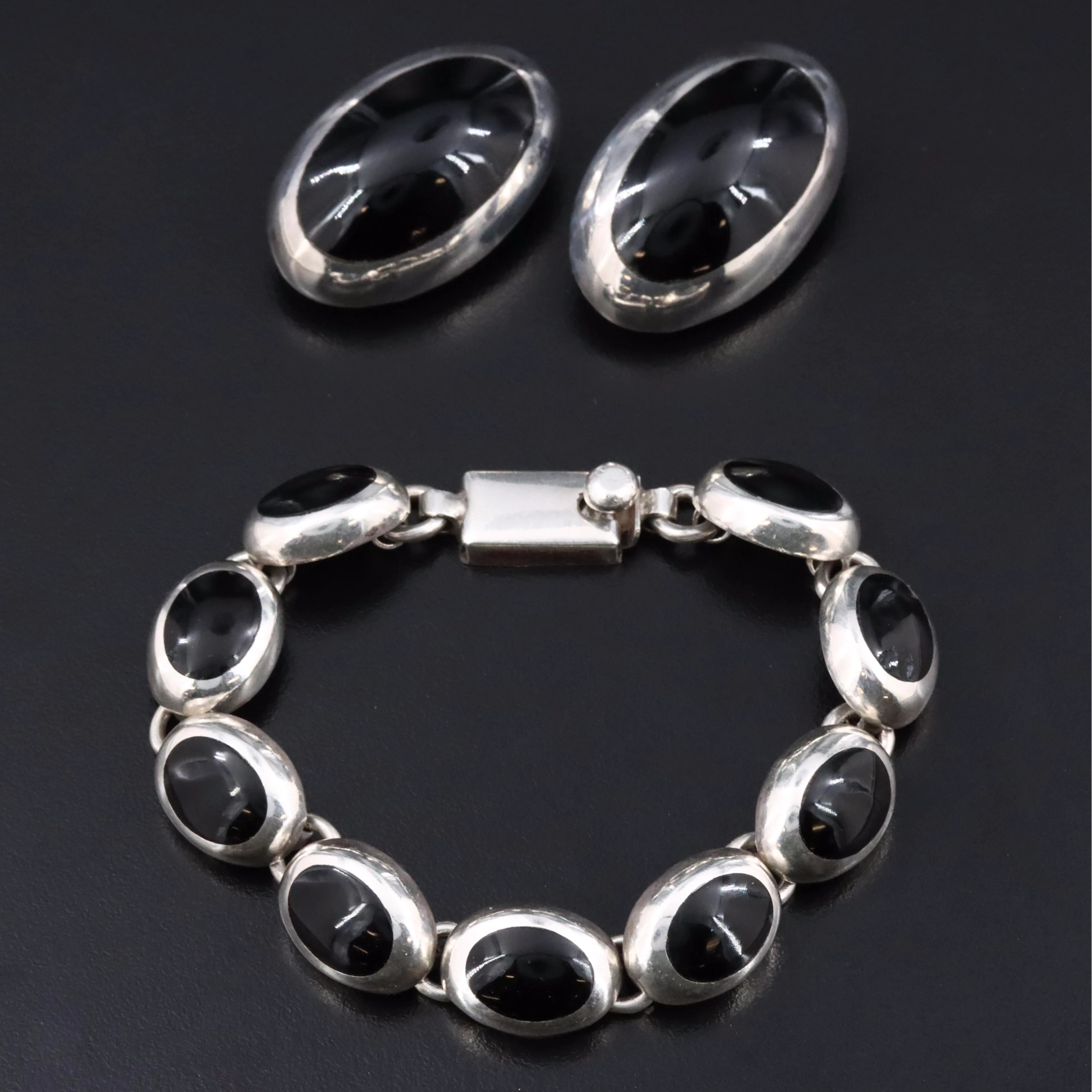 Mexican Sterling Obsidian Bracelet and Earrings Set