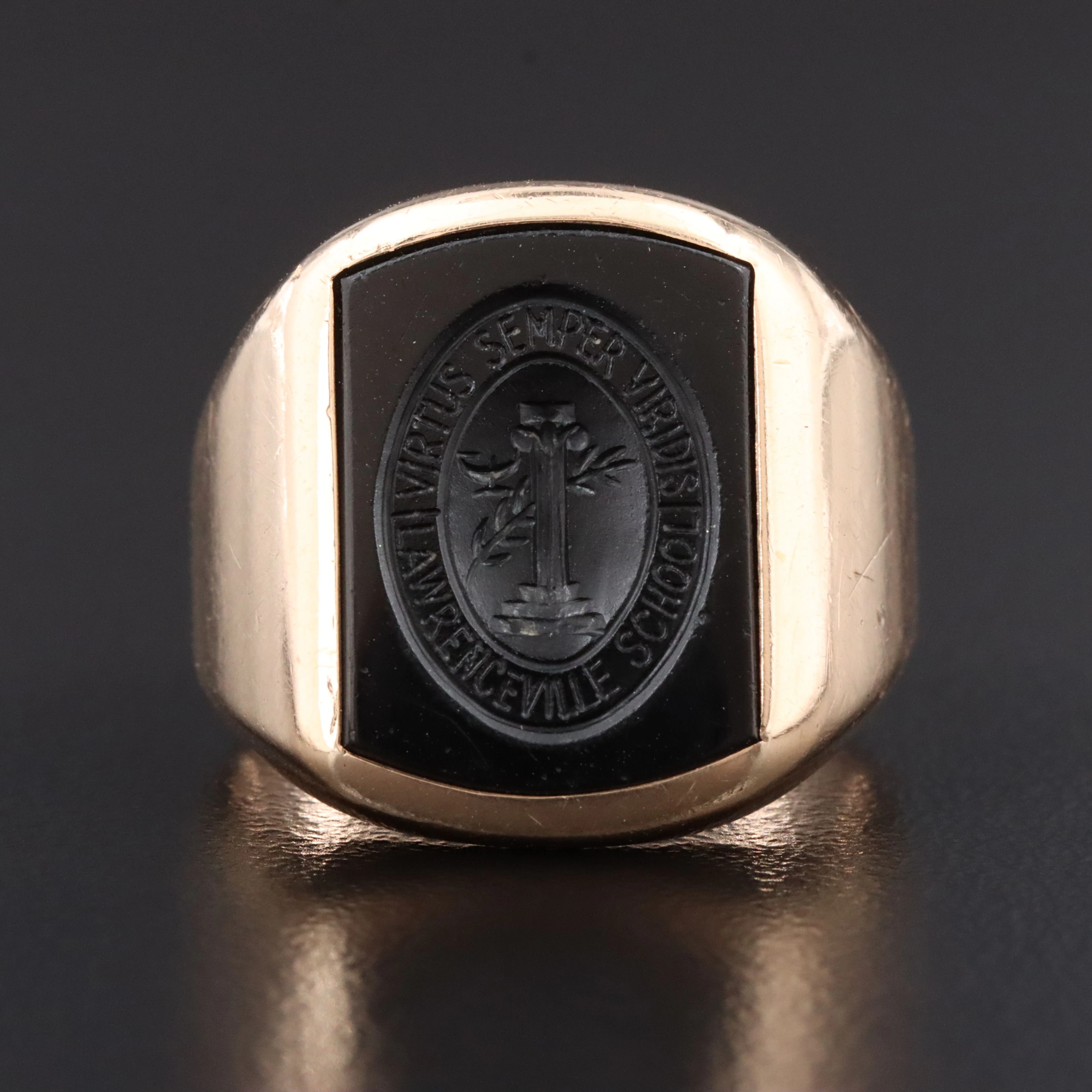 Antique 10K Black Onyx Intaglio School Crest Ring