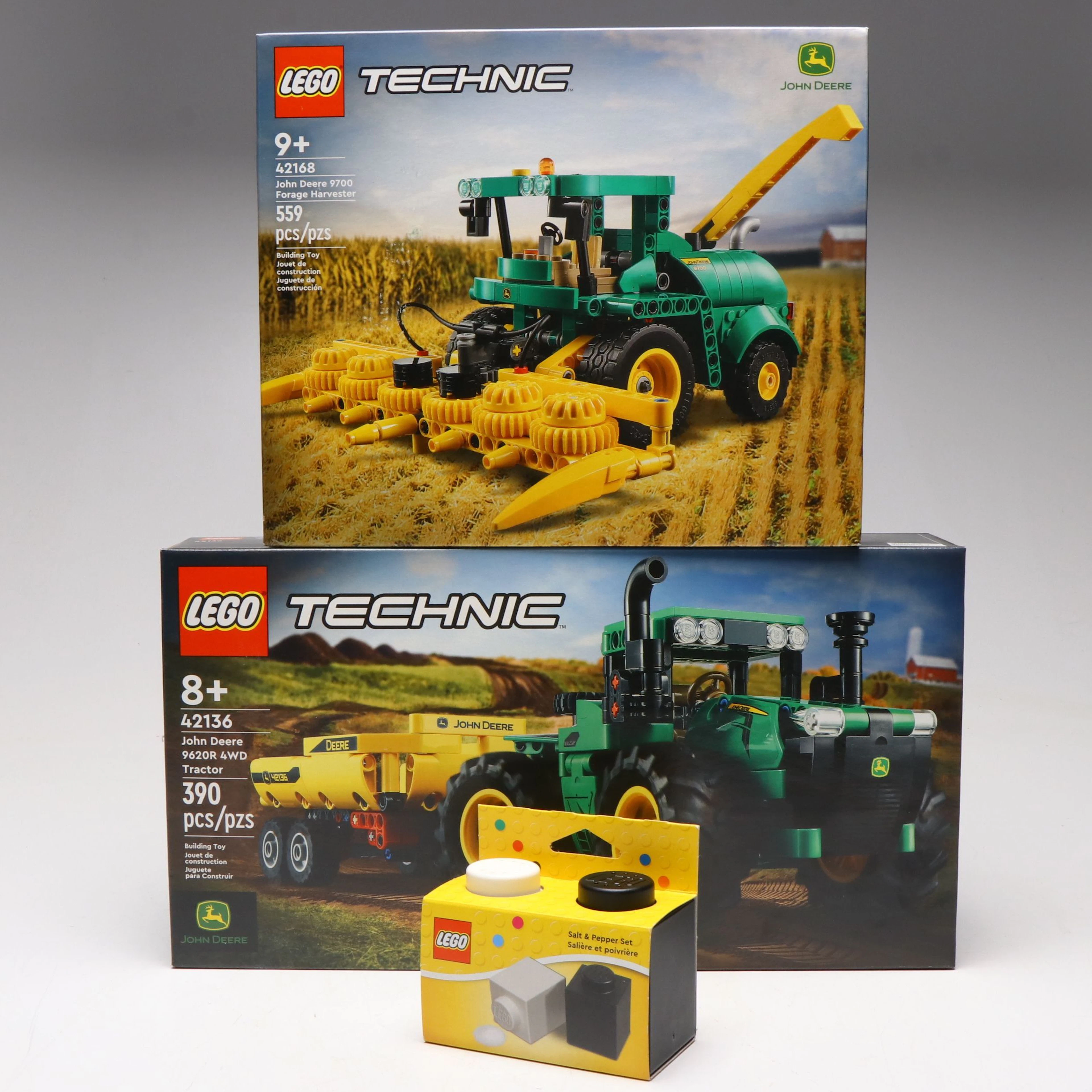 LEGO Salt & Pepper Shakers and John Deere Building Sets, 21st C.