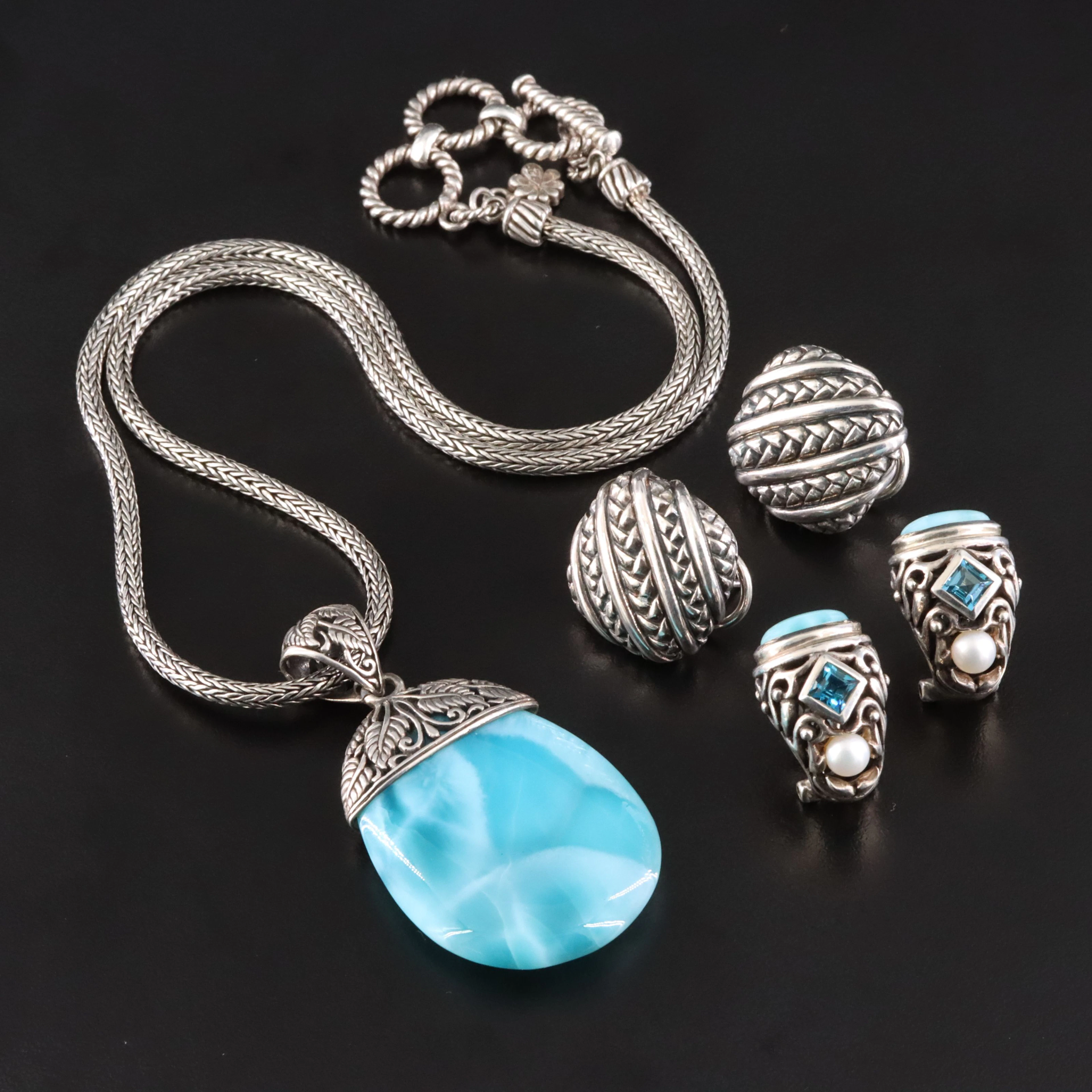 Sterling Ornate Necklace and Earrings with Larimar, Blue Topaz, and Pearl