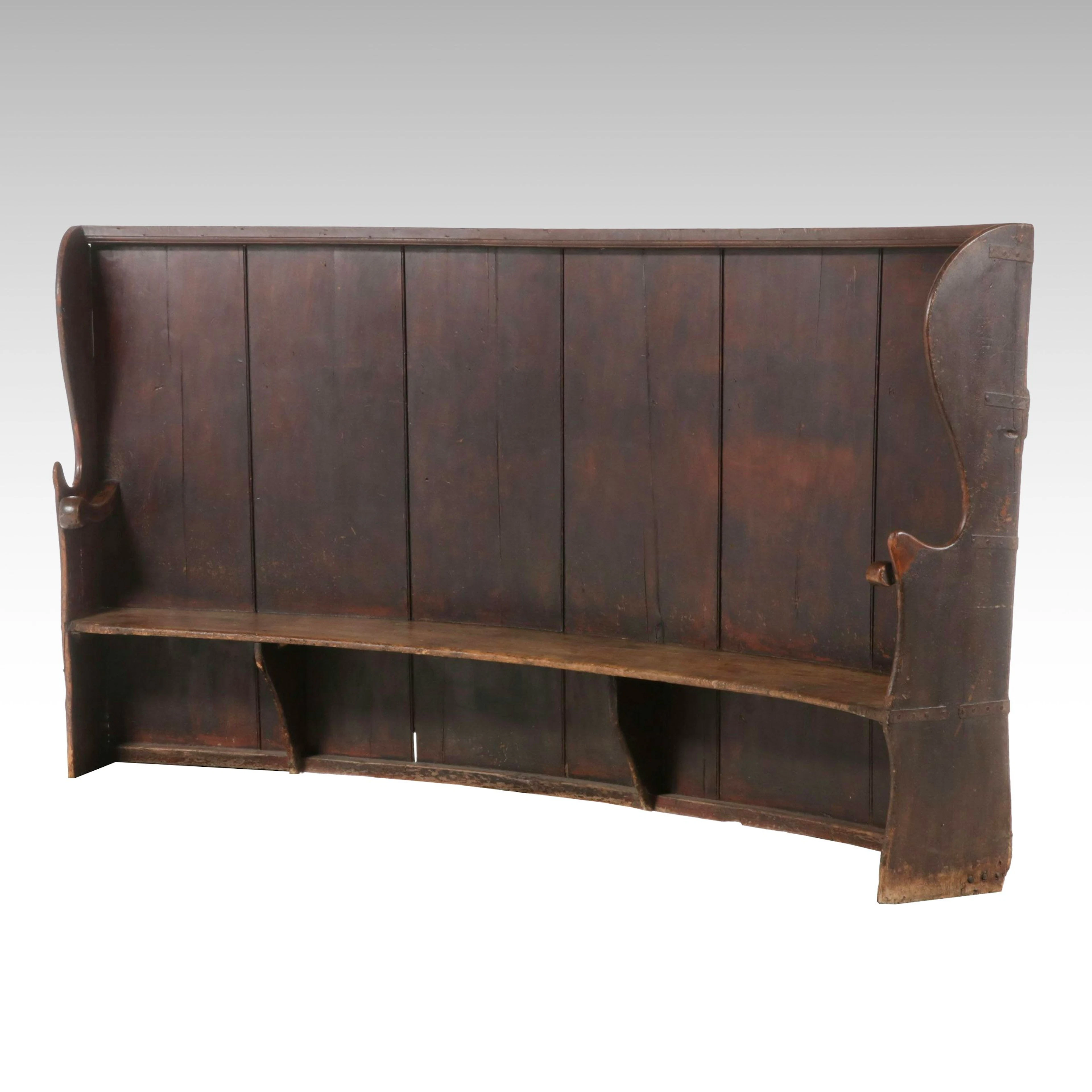 George III Painted Pine Barrel-Back Tavern Settle, Late 18th/Early 19th Century